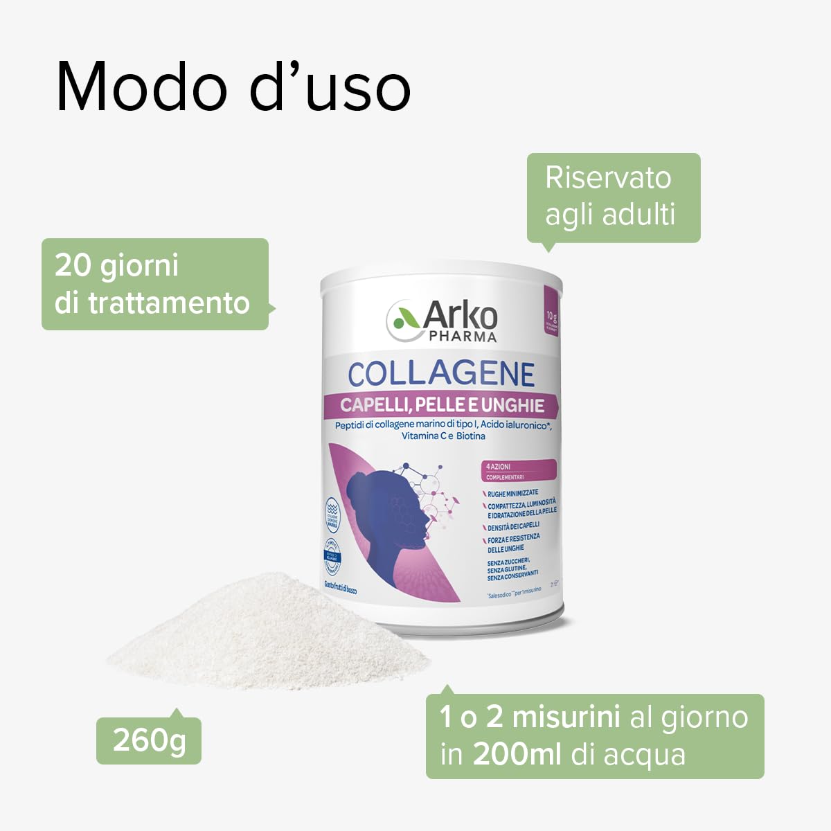 Arkopharma Collagene Capelli, Pelle e Unghie | Integratore Alimentare in Polvere, Collagene Marino con Acido Ialuronico, Vitamina C e Biotina - 1 Confezione da 260g