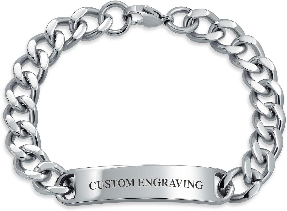 Bling Jewelry Personalized Identification Name Plated Curb Cuban Link ID Bracelet For Men Silver Tone Stainless Steel 8.5 Inch Custom Engraved