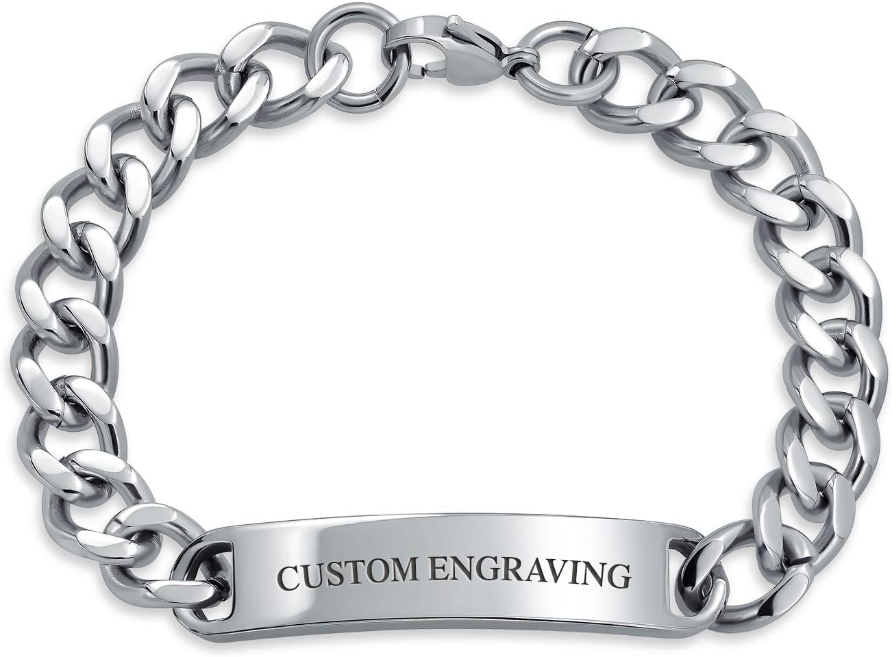 Bling Jewelry Personalized Identification Name Plated Curb Cuban Link ID Bracelet For Men Silver Tone Stainless Steel 8.5 Inch Custom Engraved