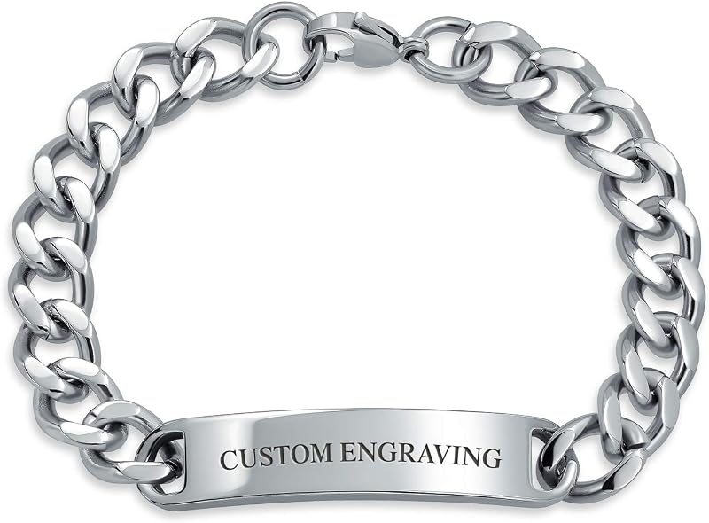 Bling Jewelry Personalized Identification Name Plated Curb Cuban Link ID Bracelet For Men Silver Tone Stainless Steel 8.5 Inch Custom Engraved
