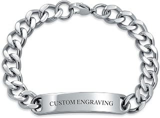Bling Jewelry Identification Tag Name Plated Curb Cuban Link Chain ID Bracelet For Men Personalized Name Engraved Silver Tone Stainless Steel 7.5, 8, 8.5 Inch
