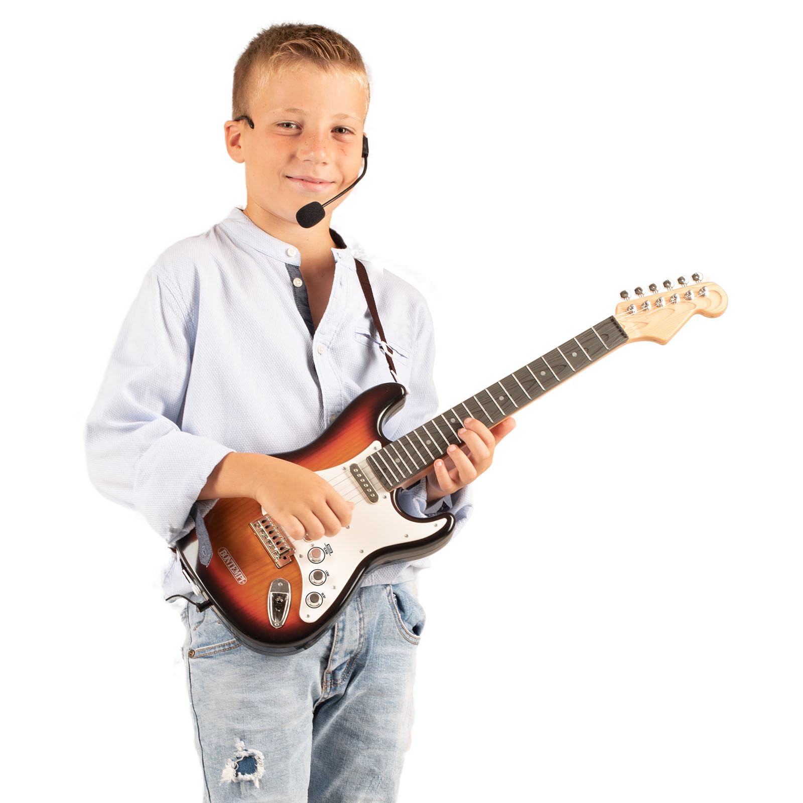 BONTEMPI - Rock On Bezprzewodowa Elektroniczna Gitara Rockowa z Mikrofonem na Głowę, Pasek na Ramię, 10 Wstępnie Nagranych Utworów, 67 cm
