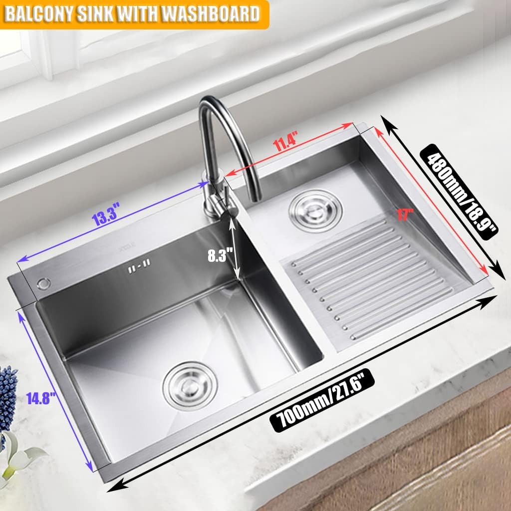 Laundry Pool Balcony Household Stainless Steel Laundry Sink Wash Basin With Washboard Easy To Clean Double Sink Laundry Pool Gift ( Color : B , Size : 70*48*22cm )