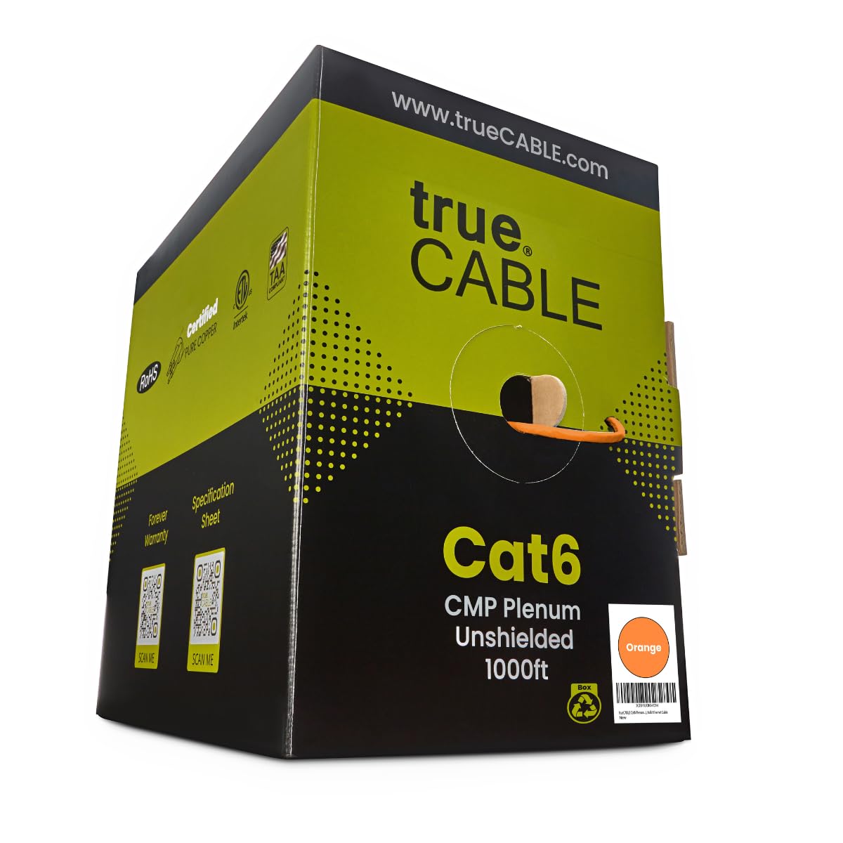 TRUE CABLE Cat6 Plenum Bulk Ethernet Cable (CMP), Unshielded UTP, 1000ft, Orange, 23AWG Solid Bare Copper, 550MHz, 10Gbps, PoE++ (4PPoE), ETL Listed
