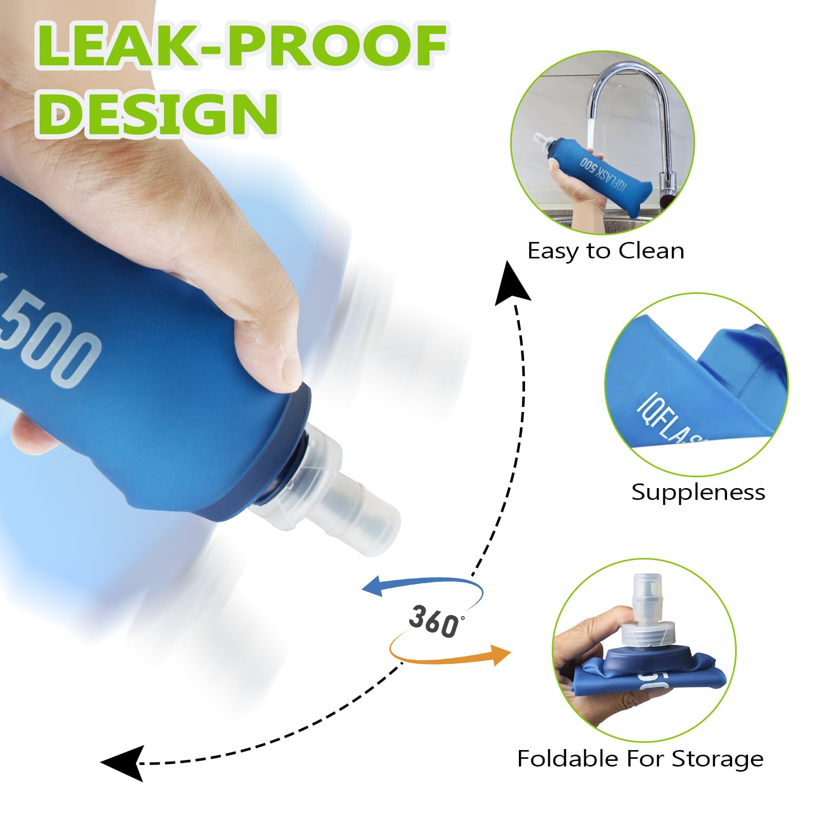 2 Pezzi Borraccia Morbida 500 ml, Soft Flask in TPU, Borraccia Pieghevole, Senza BPA, Bottiglia Pieghevole Riutilizzabile, per Running, Escursionismo, Campeggio e Alpinismo (Blu)