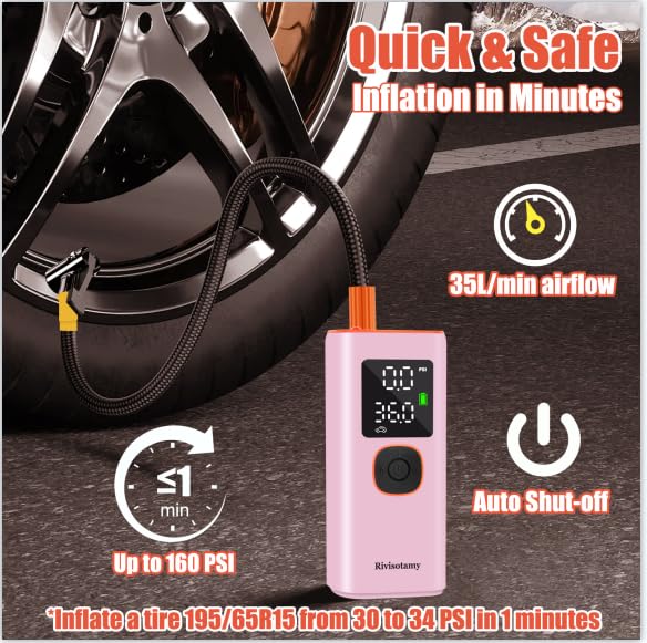 Rivisotamy Tire Inflator Portable Air Compressor, 6000mAh&160PSI Pink Car Accessories for Women and Men, Electric Pump for Bike, Motorcycle, Ball
