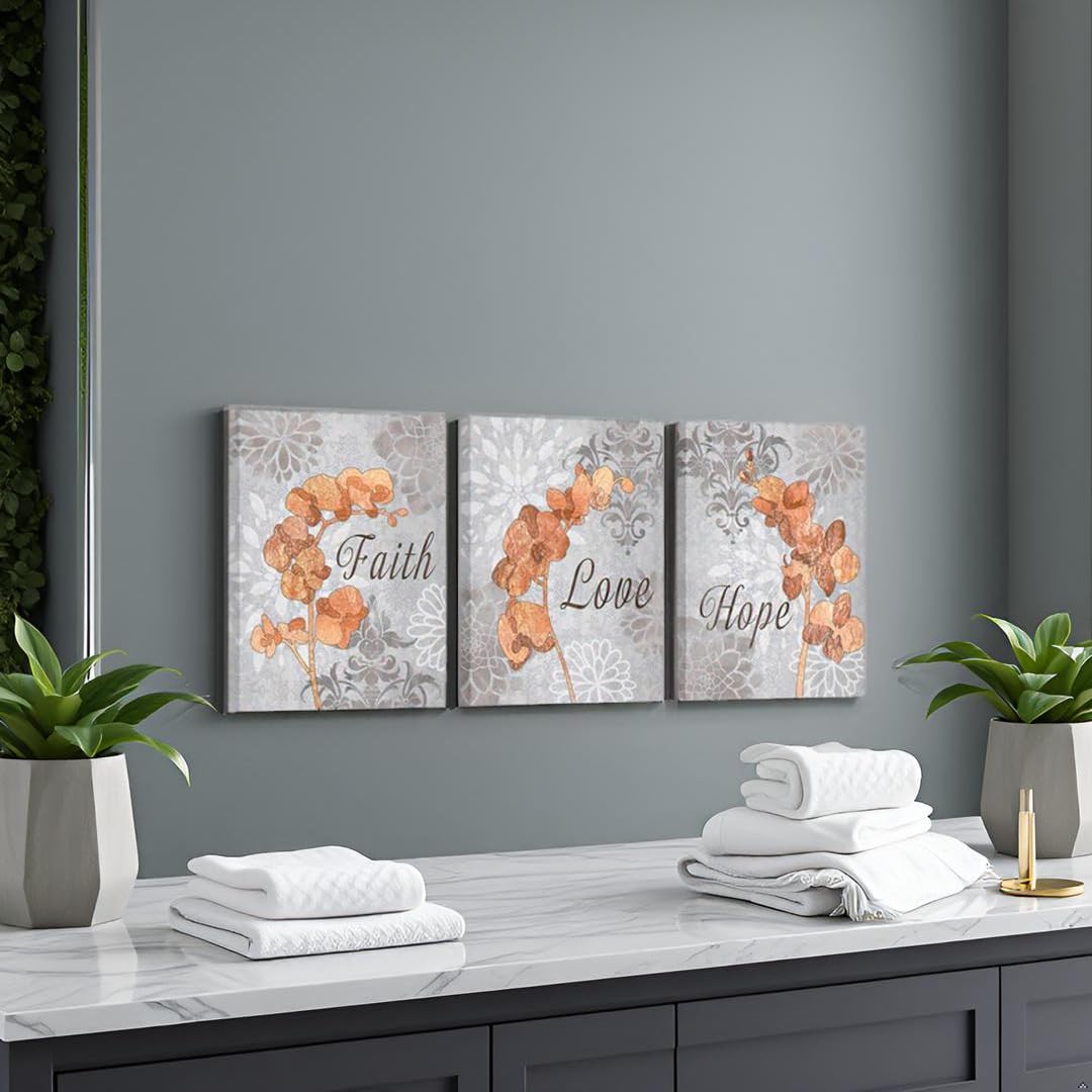 RnnJoile Coral Color Canvas Wall Art Orchid Flower Painting Prints Love Faith Hope Pictures Wall Decor Framed Ready to Hang