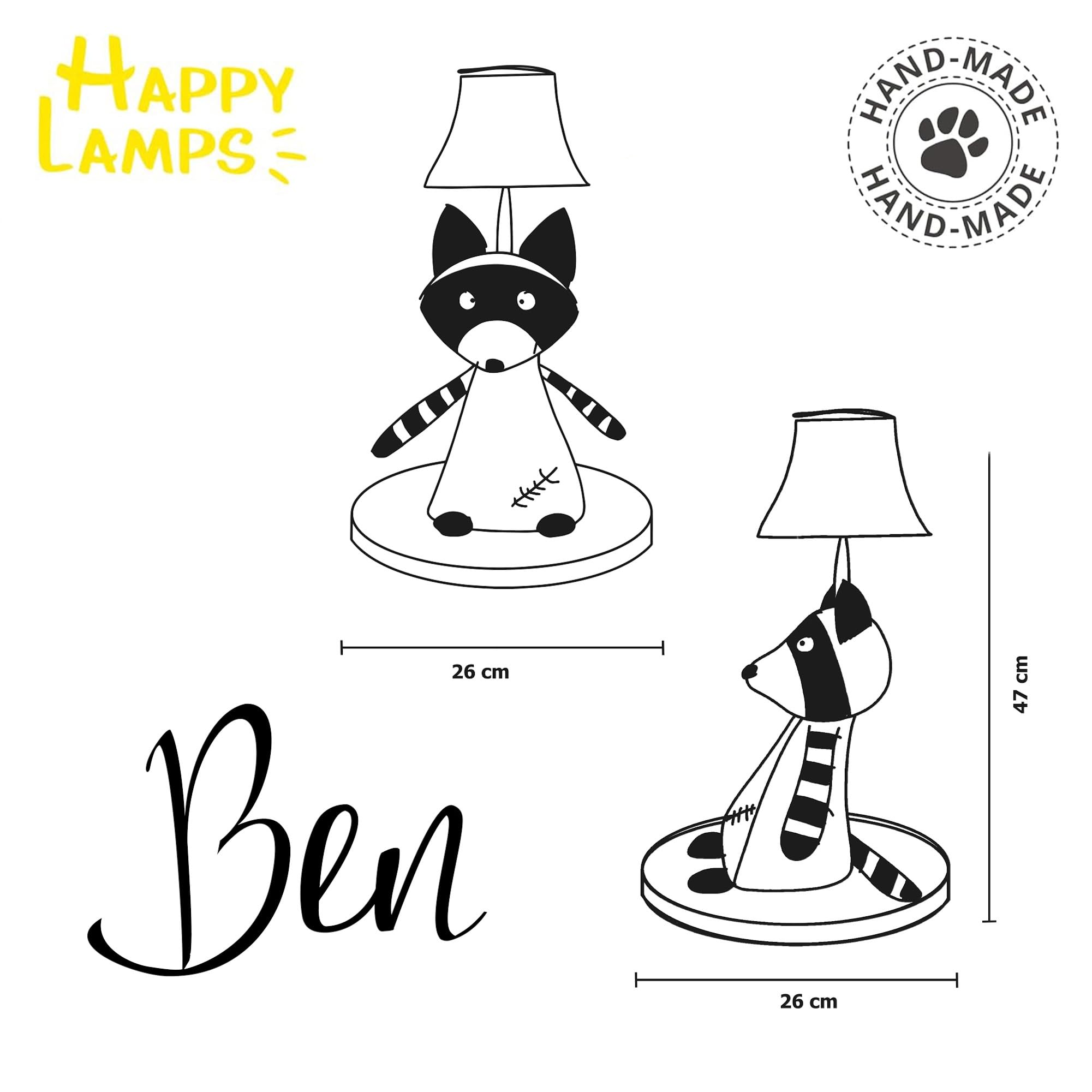 Happy Lamps for smiling eyes Ben Tischleuchte, Waschbärlampe, 47 cm hoch, Dekoleuchte, Handarbeit, super sicher, hochwertige Tischlampe, top Qualität, inkl. LED & Standfuß