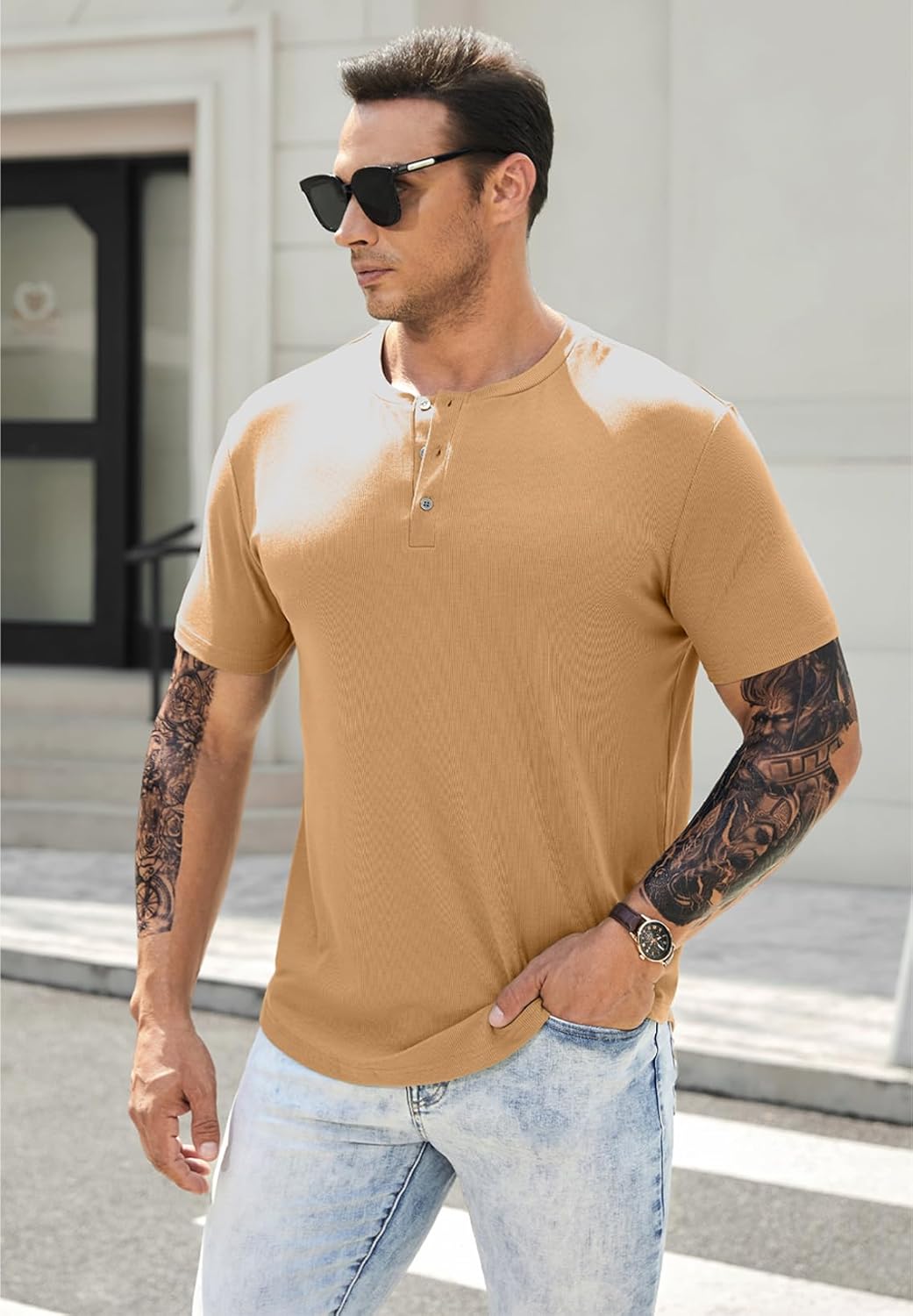 Herren Muscle Slim Henley Shirts Crewneck T-Shirt Gym Training Sport Shirt Tees - Bild 120 von 146