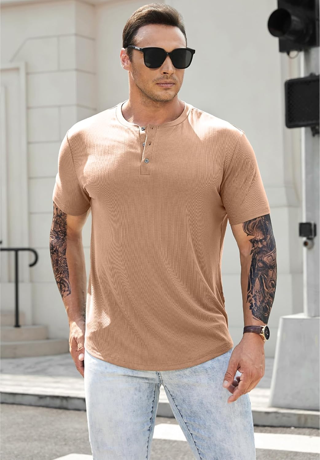 Herren Muscle Slim Henley Shirts Crewneck T-Shirt Gym Training Sport Shirt Tees - Bild 97 von 146