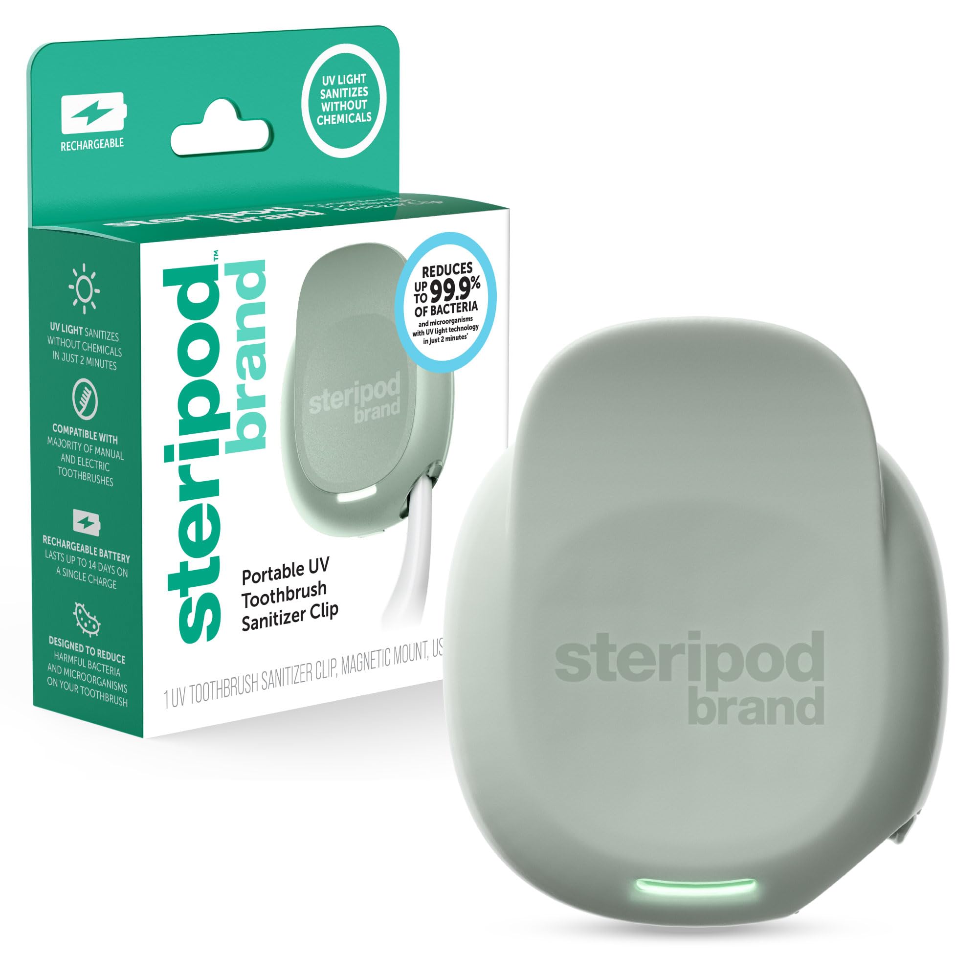 steripod brand portable uv toothbrush sanitizer clip reduces harmful microorganisms rechargeable sage 1 count