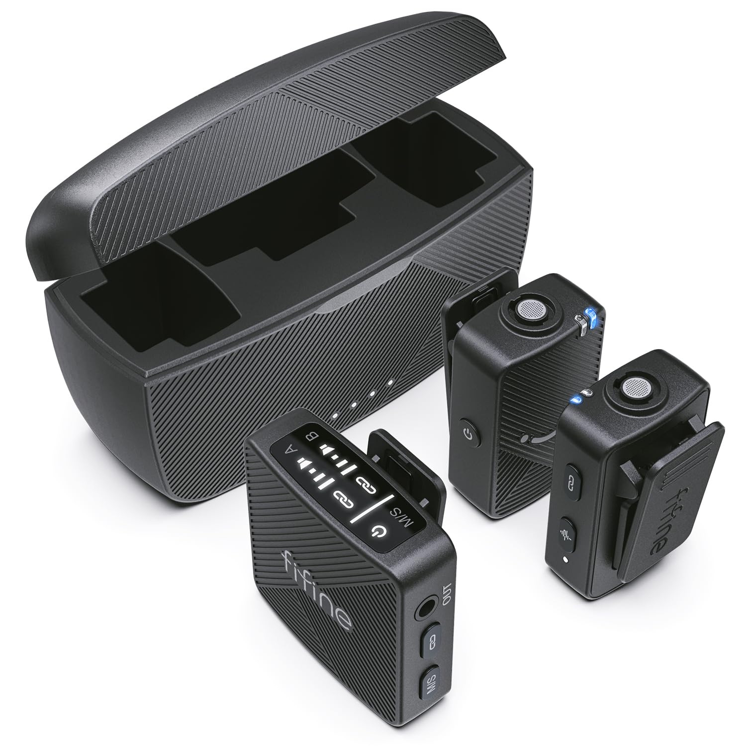 fifine wireless lavalier microphone for iphoneandroidcamera 2 pack cordless lapel mic system for vlog recording video youtubetiktok interview condenser clip-on microphone with charging case-m9