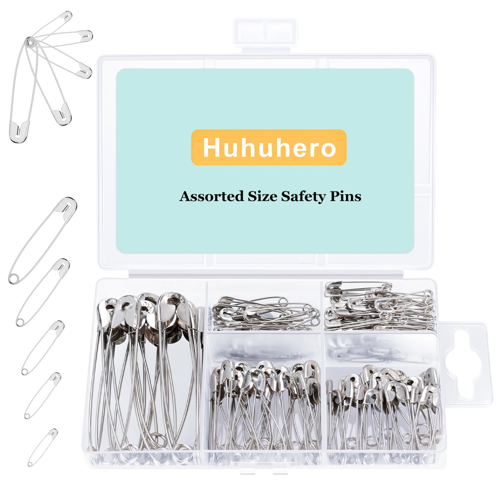 huhuhero 150pcs safety pins large amp small safety pins for clothes sewing craft nickel plated steel assorted size pins bulk art and craft supplies sliver