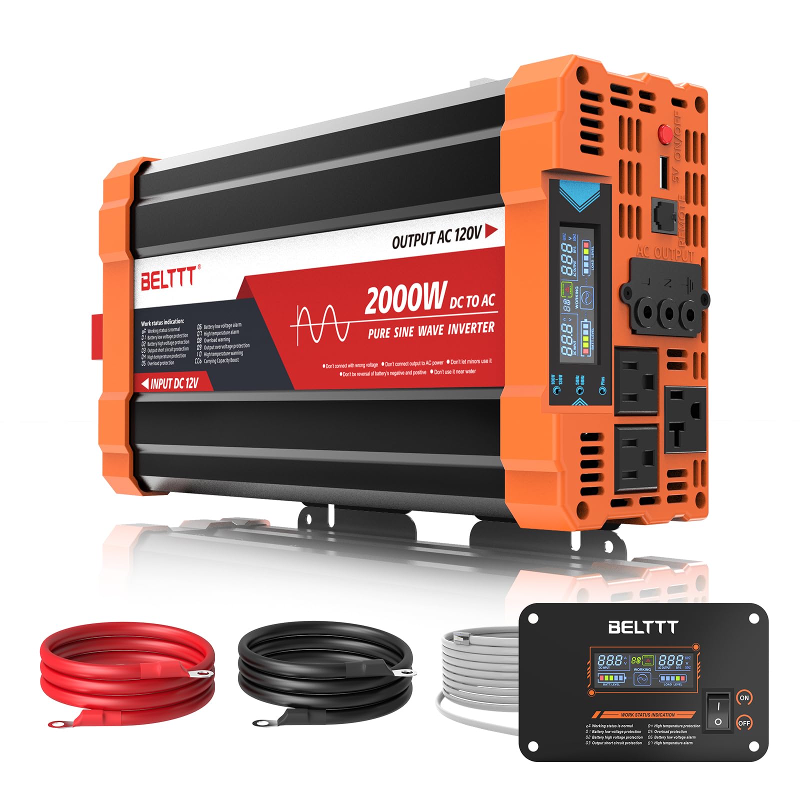 belttt 2000w pure sine wave inverter car power inverter 12v to 120v ac converter for rv truck solar outdoor with dual ac and 20a socket 5v 21a usb surge 4000w hardwire port remote controller