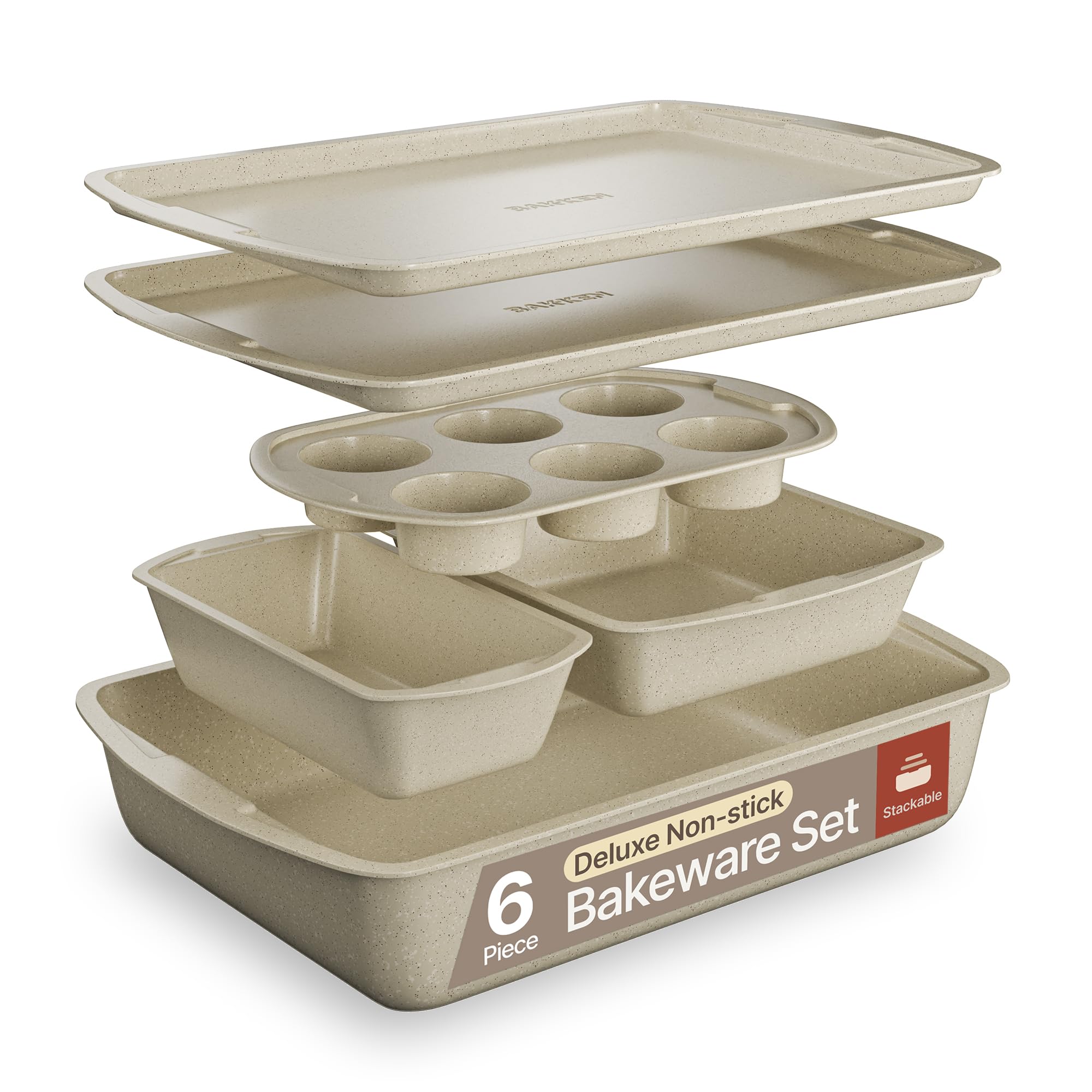 bakken swiss - bakeware set  6 piece  stackable deluxe non-stick baking pans for professional and home cooking  carbon steel white stone coating