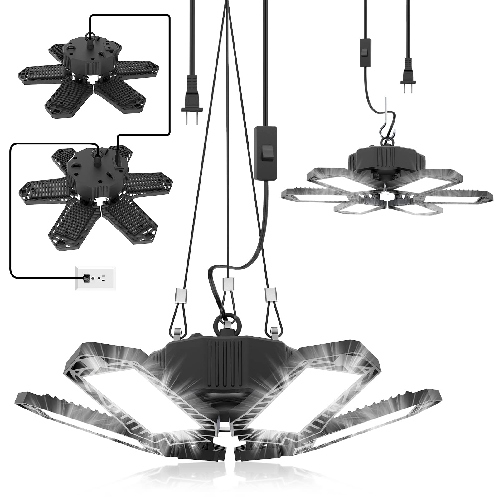 seobiog 2 pack plug in garage light upgraded 200w 20000lm linkable led shop light 6500k ceiling lights w 6 deformable panels for garage warehouse barn basement built-in onoff switch