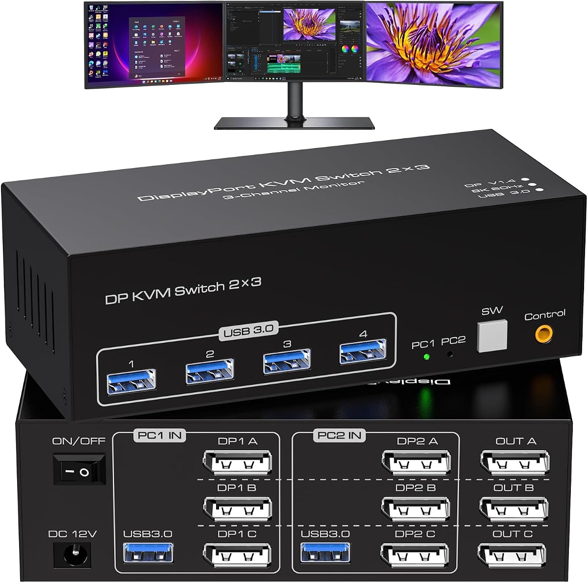 8K Displayport KVM Switch 3 Monitors 2 Computers 8K60Hz 4K120Hz DP KVM