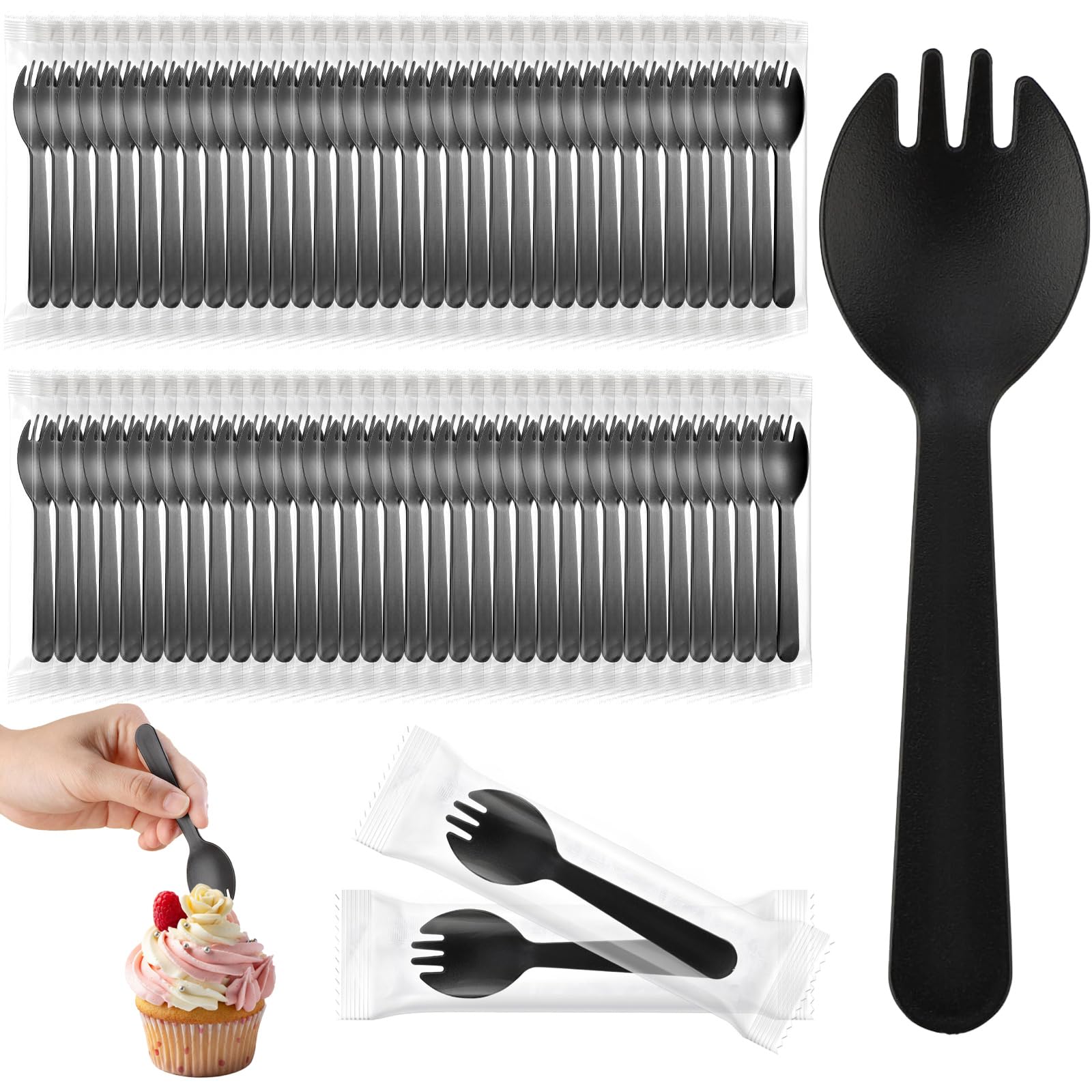 200 pcs mini plastic sporks disposable individually wrapped disposable sporks plastic spork 2-in-1 utensils for party wedding birthday picnic family gathering 4333939 x 1223939black
