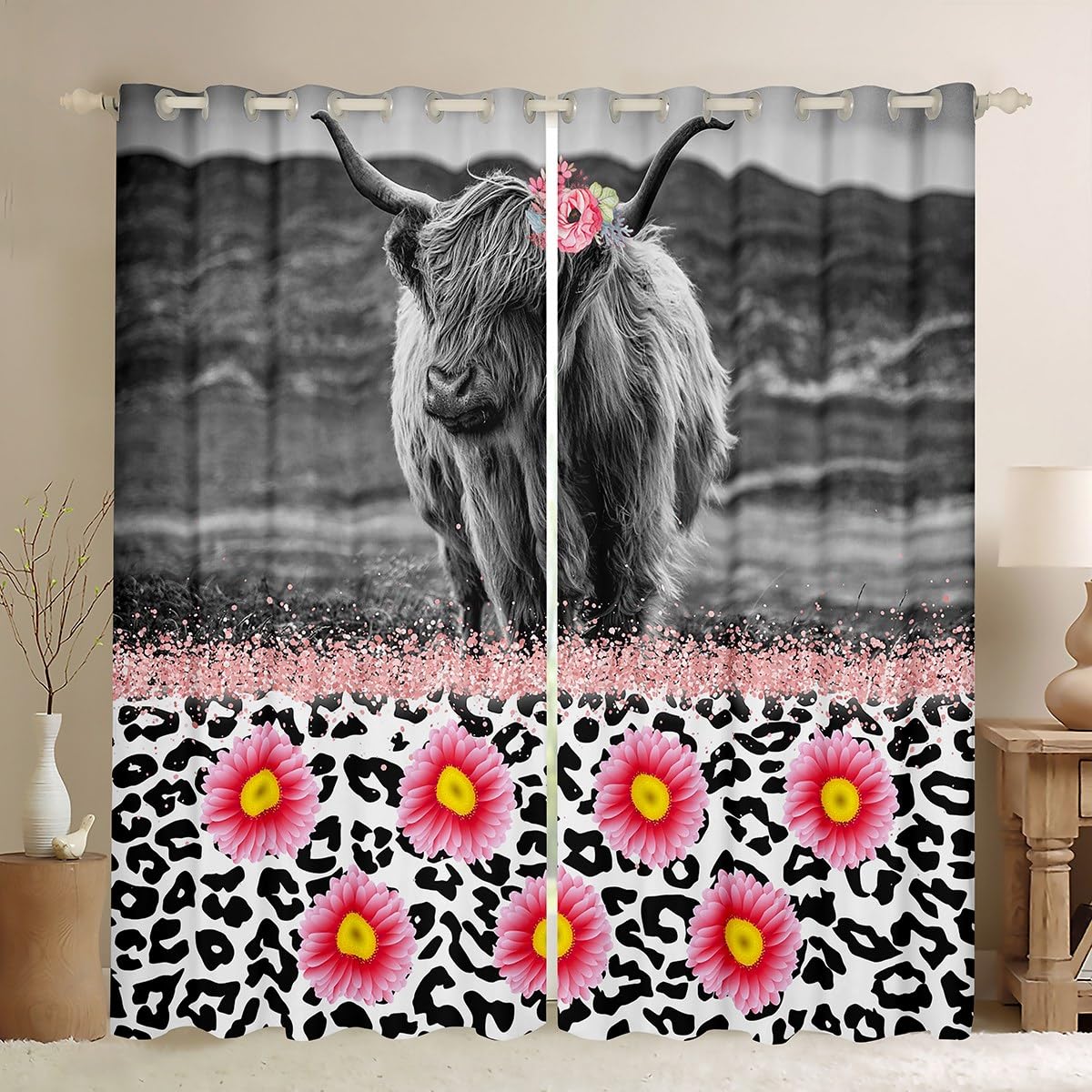Manfei Highland Cattle Blackout Curtain Black White Cow Fur Print Window Drapes for Kids Girls Room Decor, Pink Flower Window Treatments Grommet Top 2 Panel Set Bedroom Curtains, 46Wx54L inch