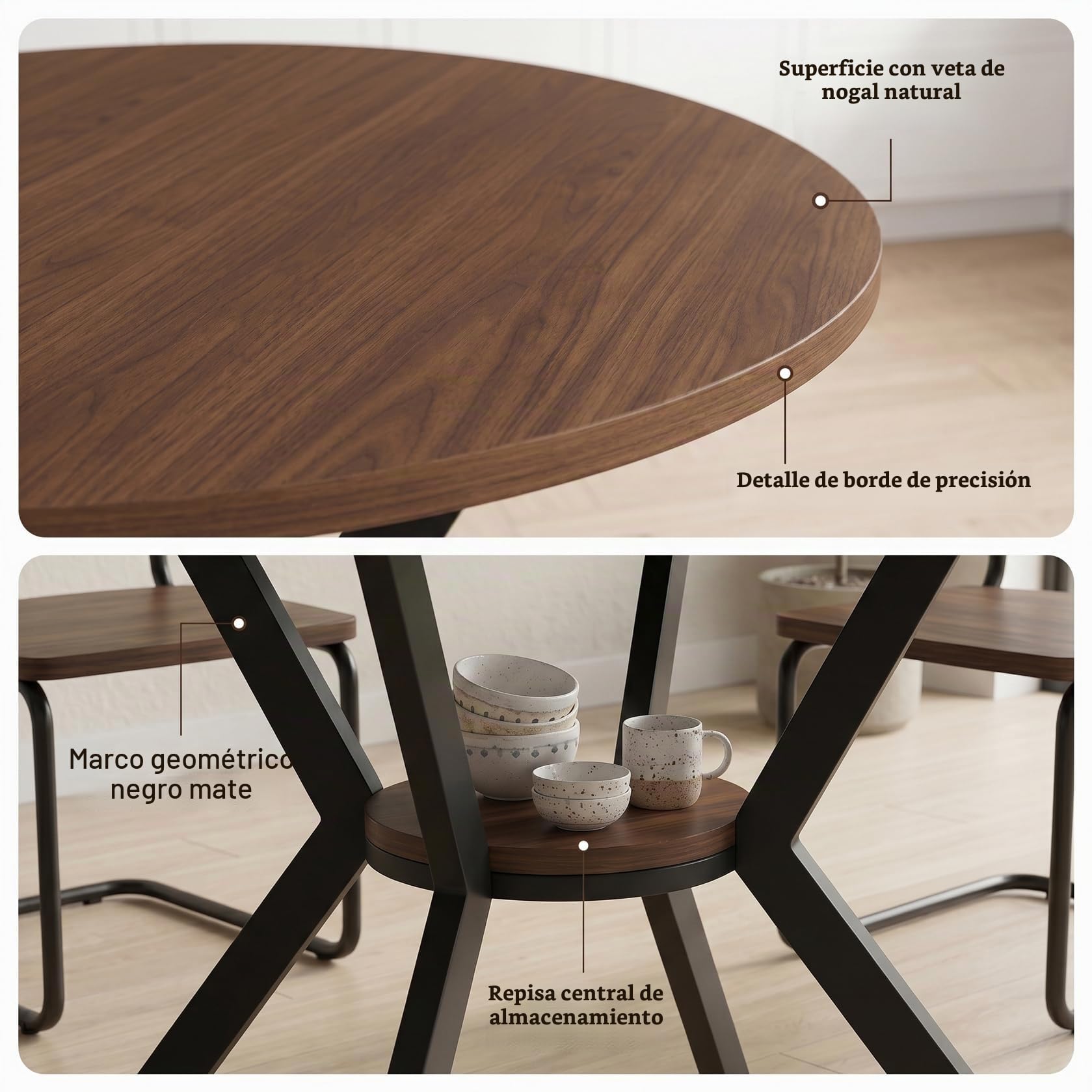 Mesa de comedor redonda extensible, 100 – 140 cm, redonda, mesa de cocina de madera, mesa de comedor ovalada con función telescópica, mesa de salón extensible con estantes abiertos para