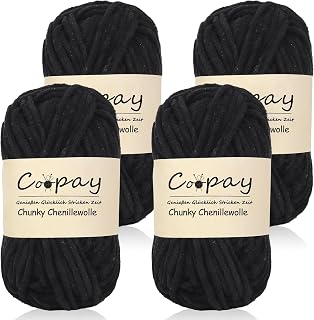 Coopay Ovillo de lana para ganchillo, 4 ovillos de 50 g, lana gruesa para tejer a mano, color negro