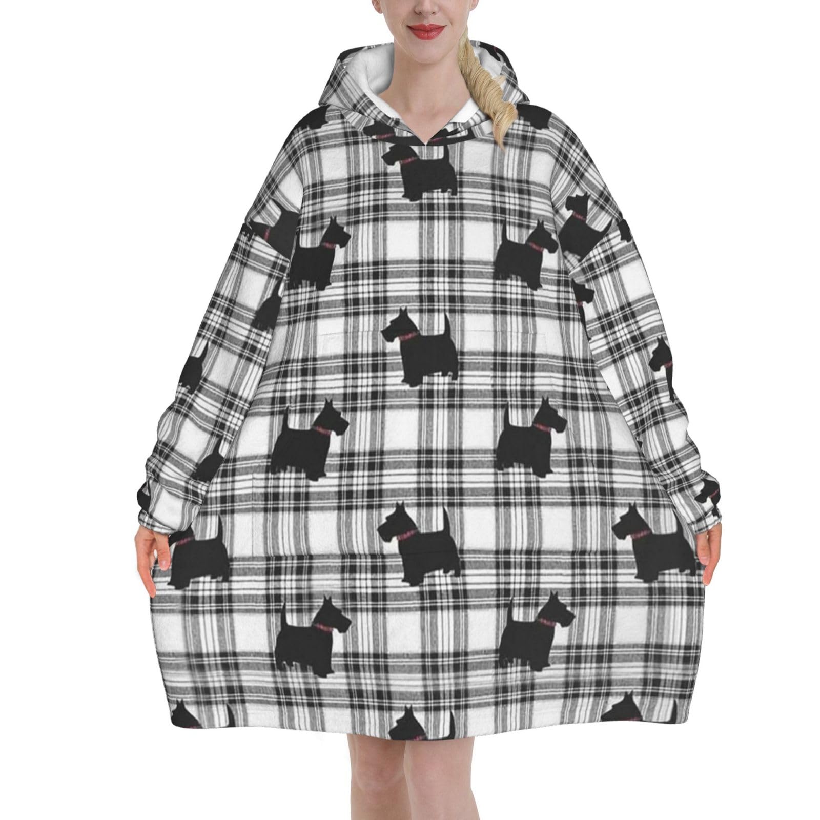 Oversized Women's Wearable Blanket Hoodie, Flannel Pullover Blanket, Blanket Sweatshirt Scottish Terrier Plaid Scotty Dog