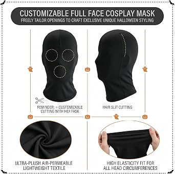 Pack of 2 Black Masks Halloween Mask Spandex Full Face Mask Costume