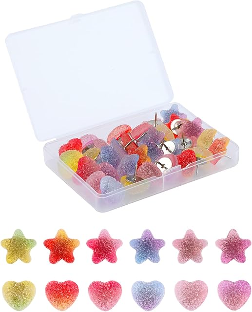 AIEX 32pcs Push Pins, Colorful Cute Thumb Tacks Cork Board Tacks Heart Shaped Thumb Tacks Star Push Pin for Cork Board Desk Office Decorations