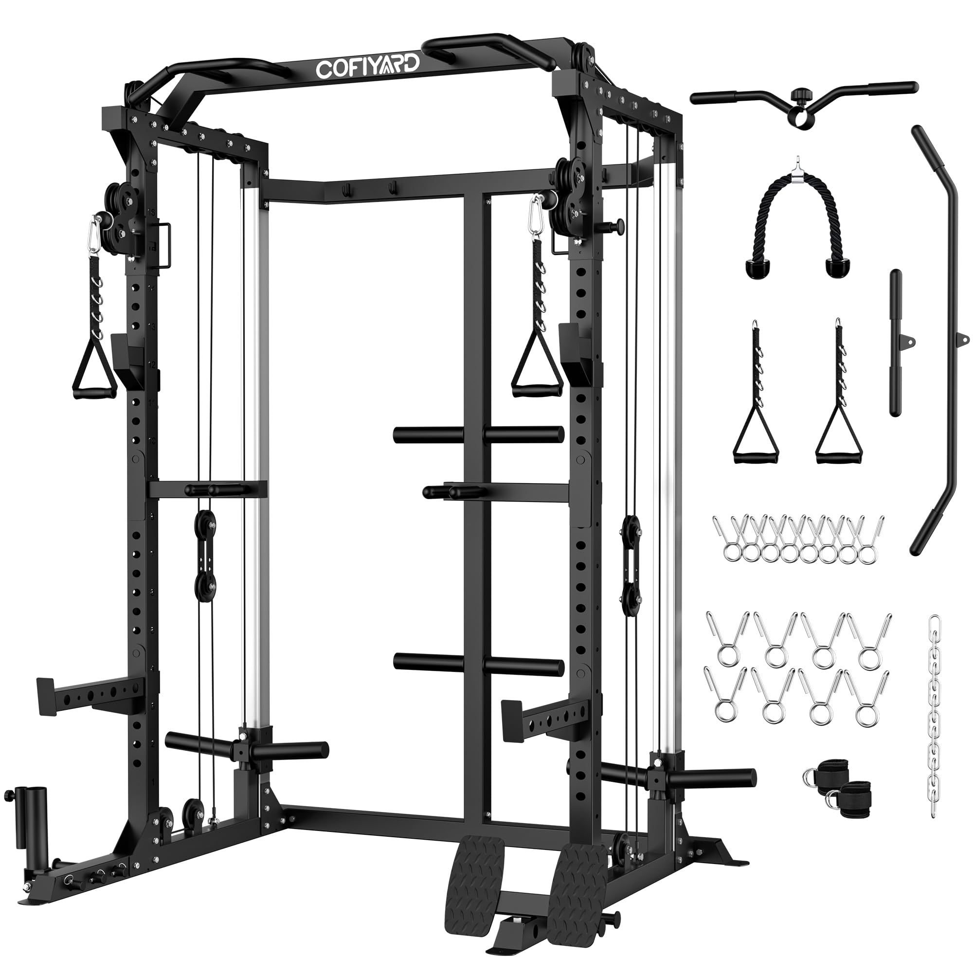 Cofiyard Power Cage, Power Rack with Dual Pulley System, Multi-Function Squat Rack with Cable Crossover, Home Gym Workout Machine