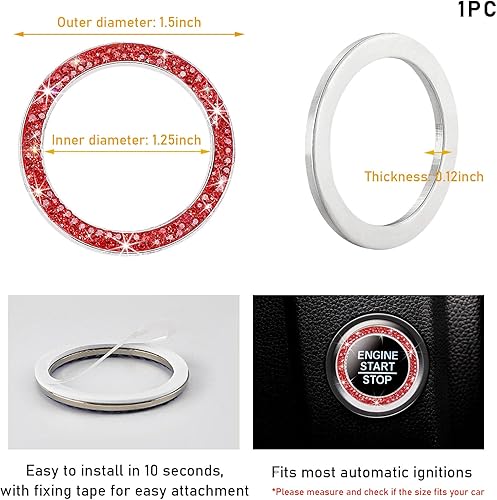 Miniatura 2 de Kewucn Anillo de decoración de arranque de motor de automóvil con doble diamantes de imitación, calcomanía brillante para botón de arranque,
