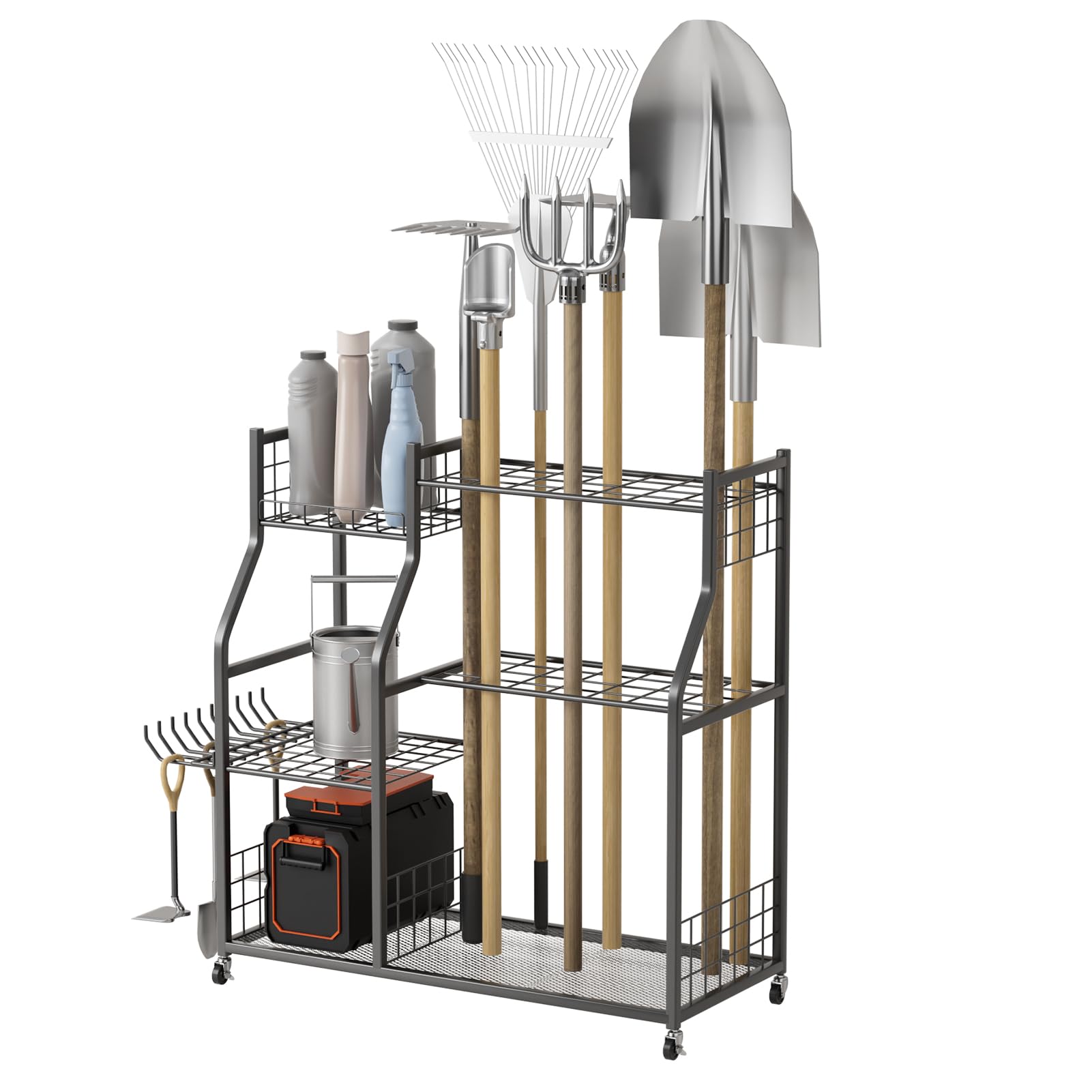 Gartenwerkzeug Organizer mit feststellbaren Rollen, Gartengerätehalter für langstielige Geräte, Garagenregal für Rechen Schaufeln Besen, Aufbewahrungswagen für Schuppen, 92 x 40 x 95 cm (Schwarz)