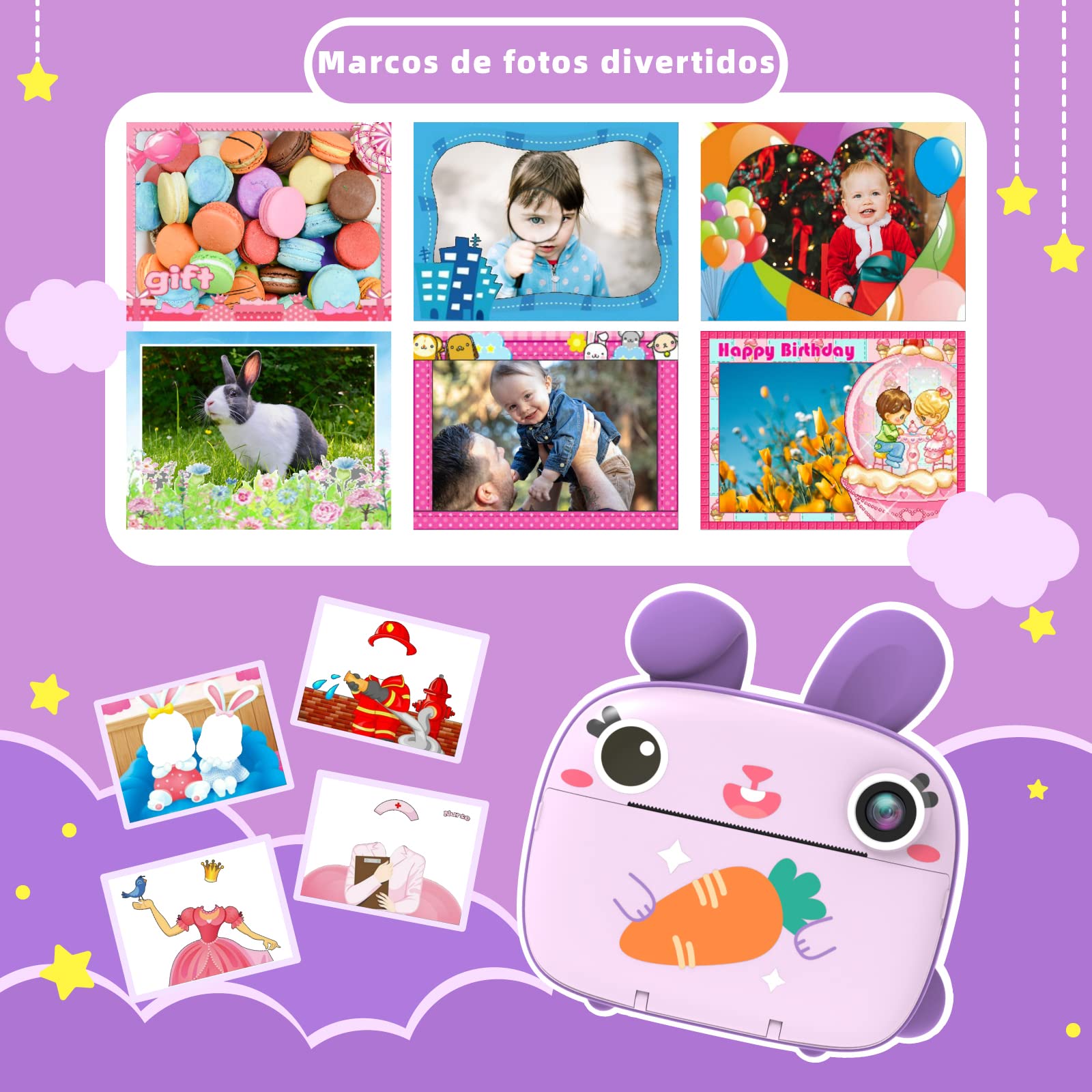 CAMCLID Camara Fotos Infantil Instantanea, 12MP/1080P Cámara Instantánea para Niños con Papel de Impresión Sin Tinta y Tarjeta 32G, Regalos para Niños y Niñas 3 a 12 Años (Violeta)