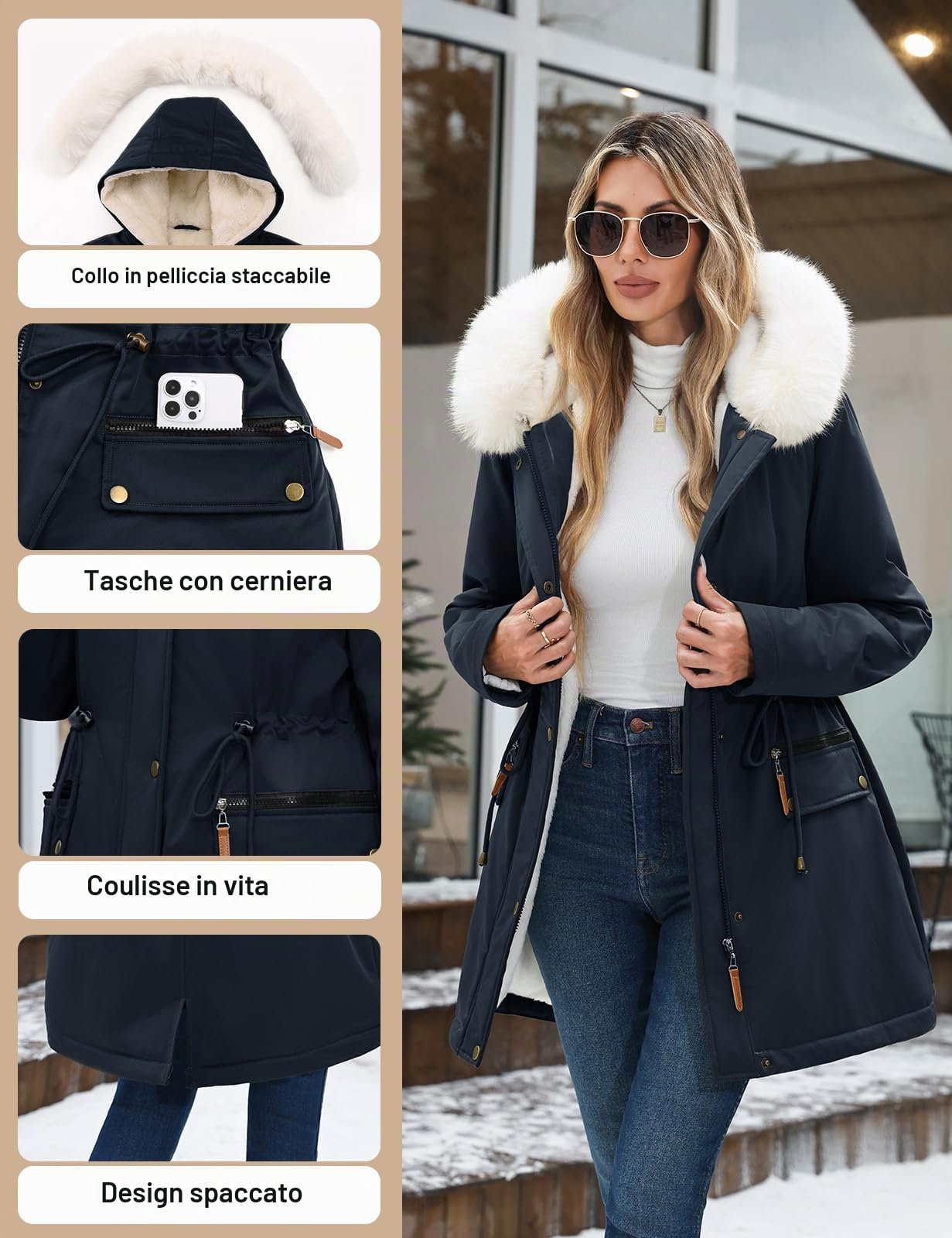 CMTOP Giacca Invernale Donna Foderati in Pile Caldo Medio Lungo Cappotto Impermeabile Antivento Giubbotto Slim Fit Casual Parka Elegante Classico Giaccone con Cappuccio, Zip Tasche