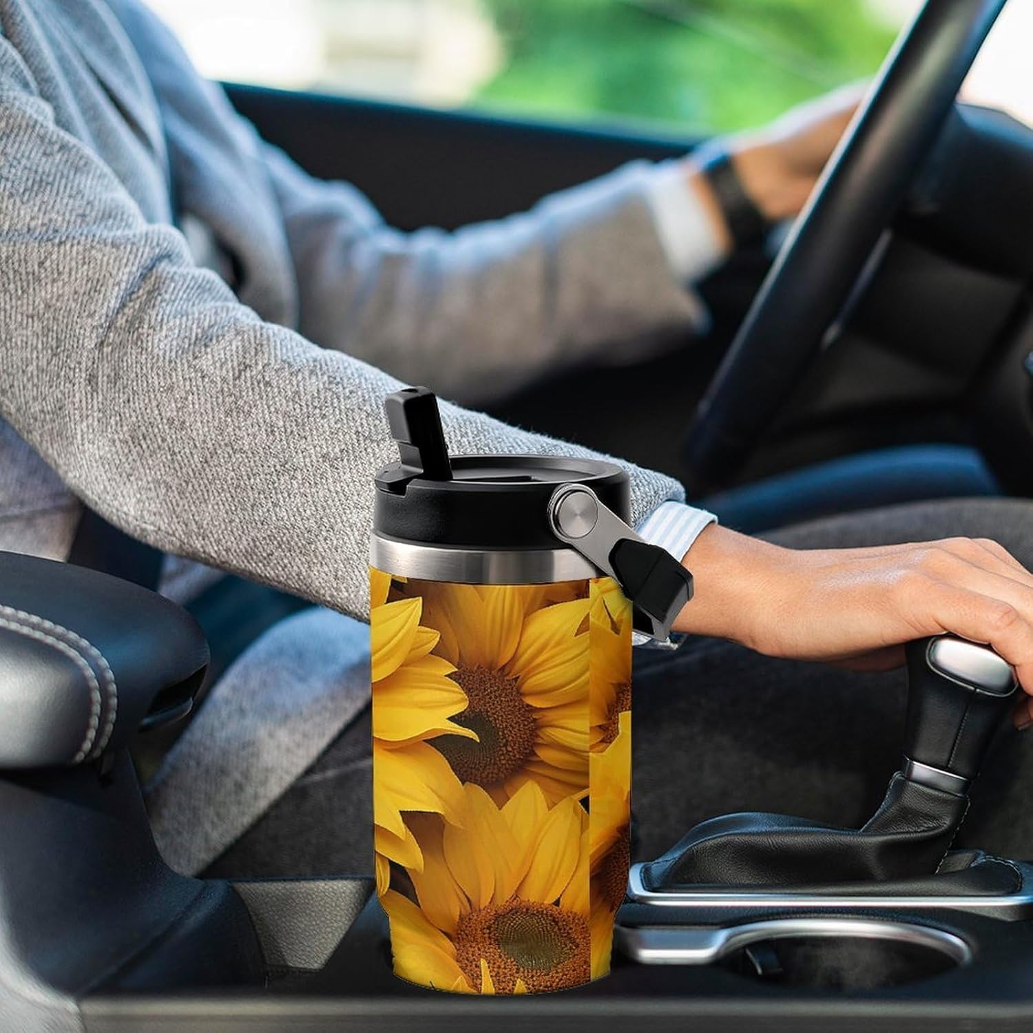 30oz Insulated Tumblers with Top Handle, Stainless Steel Many Sunflowers Car Cup with Straw for Gift, Leak-Proof Double Wall Vacuum Travel Mug, Personalized Water Bottles Black
