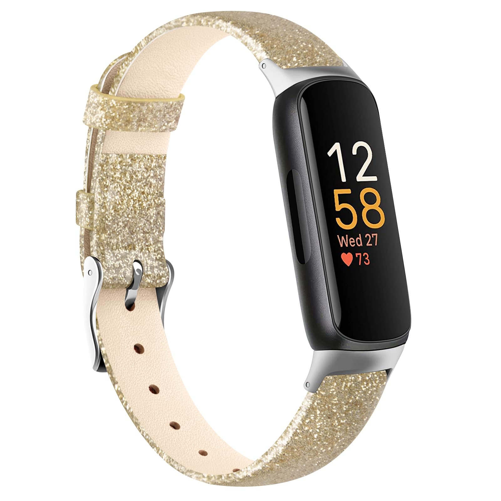 Wanme Leather Straps Compatible with Fitbit Inspire 3 Strap for Women Men, Soft Adjustable Leather Sport Bands Replacement Wristband for Fitbit Inspire 3/2/HR (Shiny Champagne gold)