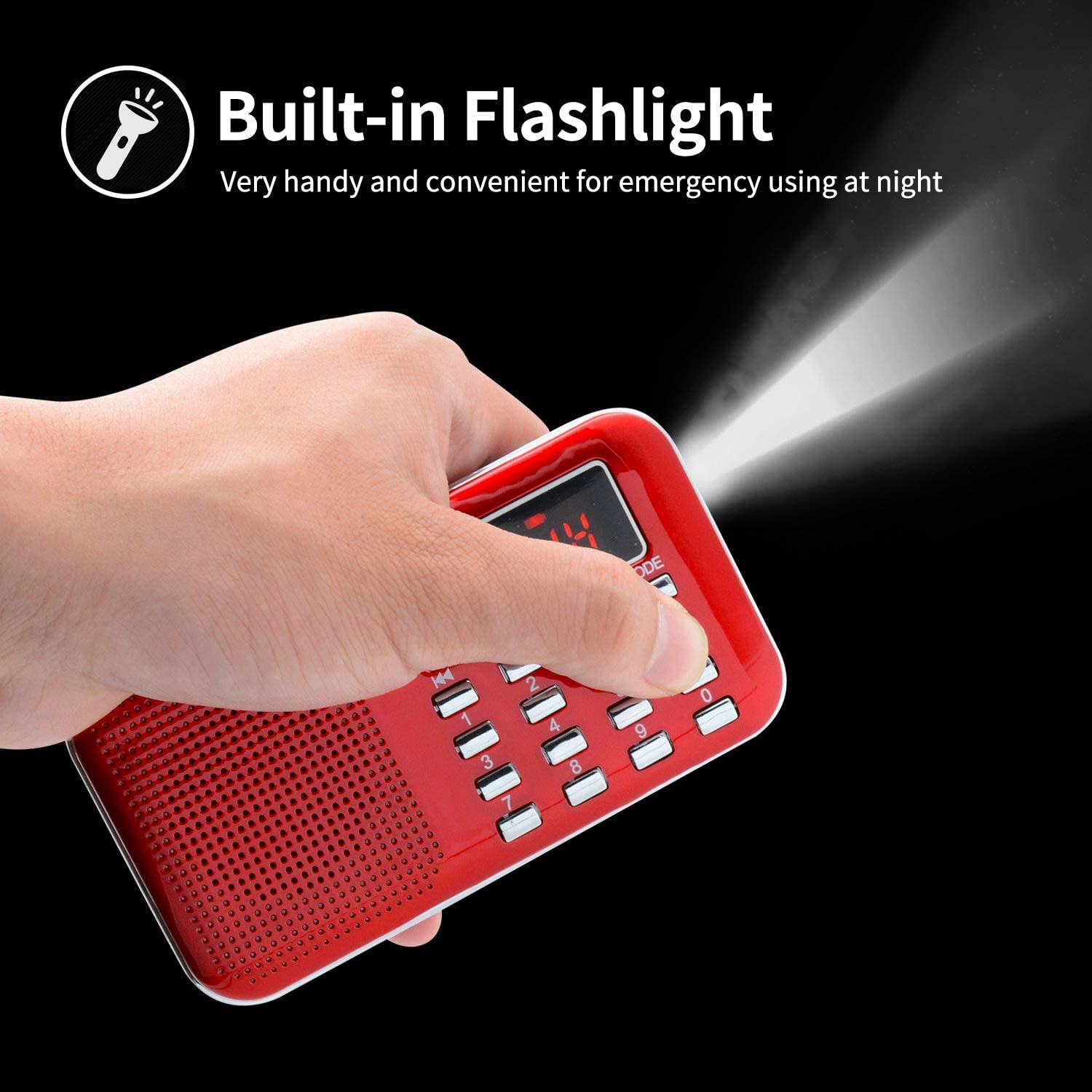Raddy RF23 Radio Portable FM/AM Rechargeable avec Lampe de Poche, Grand Écran LCD, Lecteur MP3 Micro SD/USB, Batterie 800mAh, Rouge