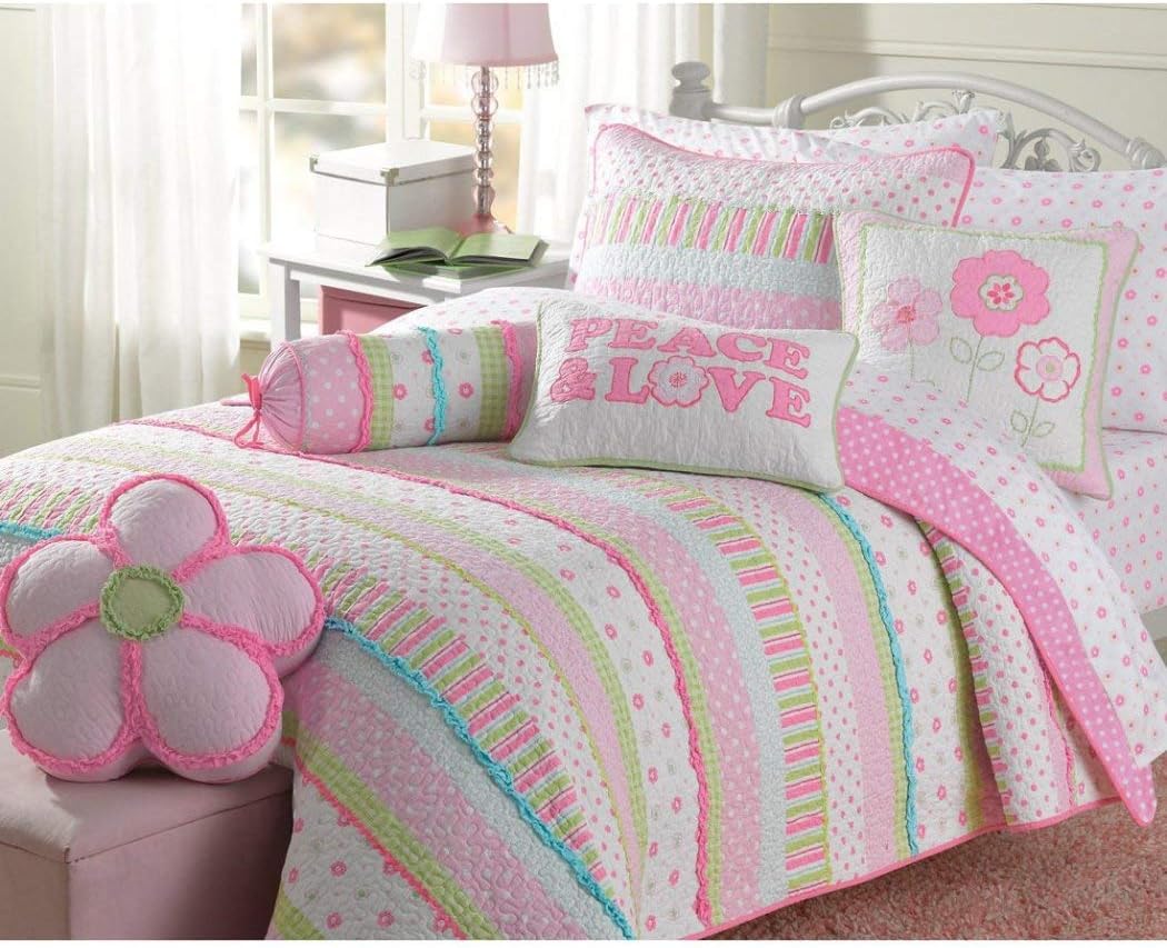 OS 3 Piece Multi Girls Stripes Floral Themed Quilt Queen Set, All Over Gorgeous Colorful Pretty Flowery Polka Dot Pattern, Beautiful Elegant Bright Print, Reversible Bedding, Abstract Pink Blue Green