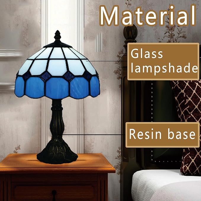 Olyfeiray Tiffany Style Table Lamp, Blue Tiffany Stained Glass Lamp for Bedroom and Study - 8 * 8 * 15 Inches photo 3