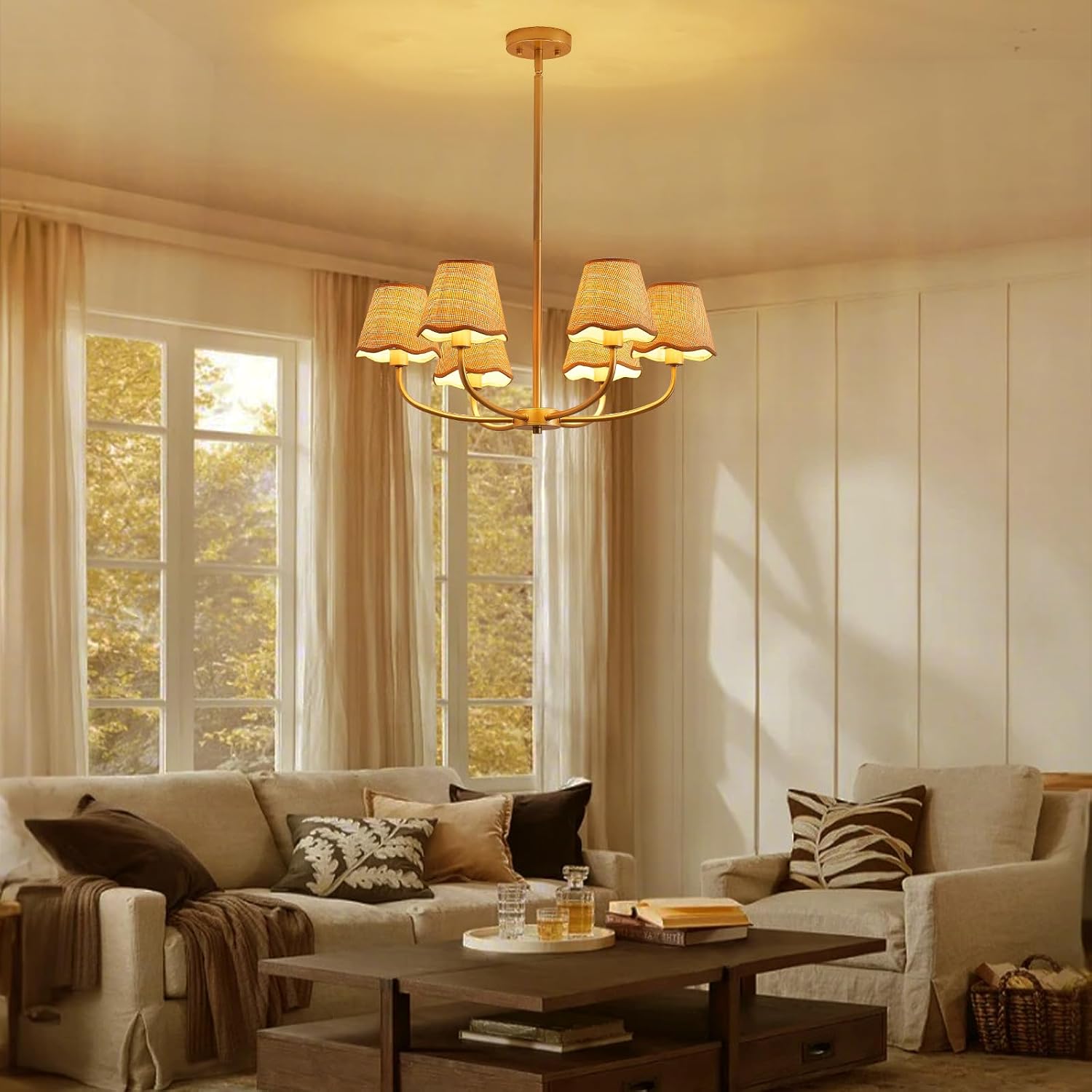 Boho Rattan Chandelier with Fabric Shade 24.4 Inch Gold Chandelier 6-Light Dining Room Light Fixture Modern Chandelier Lighting for Kitchen Island Living Room Entryway, Ceiling Hanging Pendant