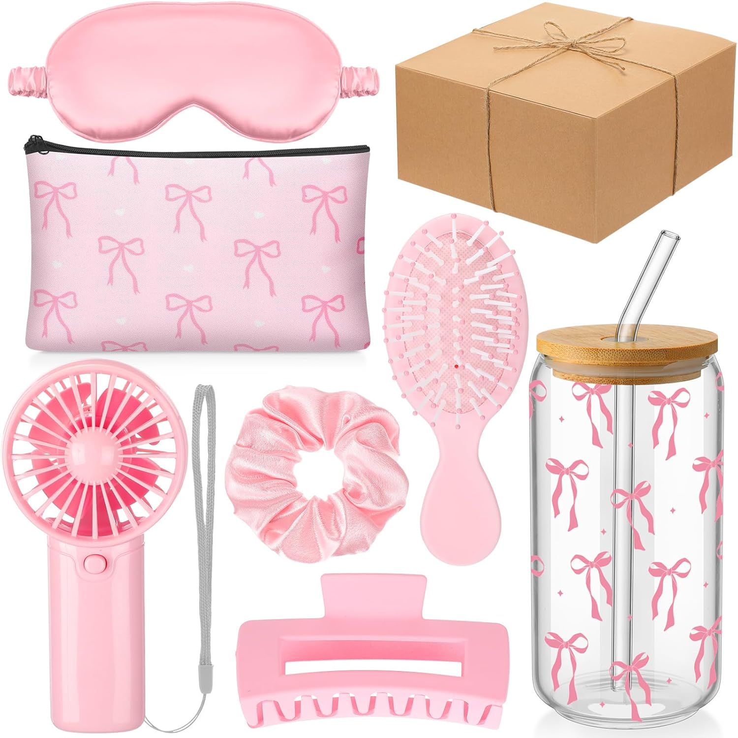 8 Pcs Pink Bow Birthday Gifts for Teen Girls Happy Birthday Gift Set Gift Box Set for Teenage Girls, Daughter, Sister, Best Friend Include 16oz Glass Tumbler, Eye Mask, Makeup Bag