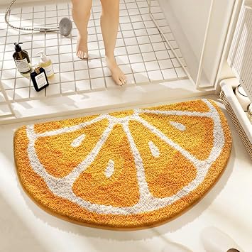 Fruit Shaped Half Circle Bath Mat 31.5" x 18" Cute Half Circle Bathroom Rug, Soft Non-Slip Washable Mat for Shower, Sink, Tub or Entryway Orange