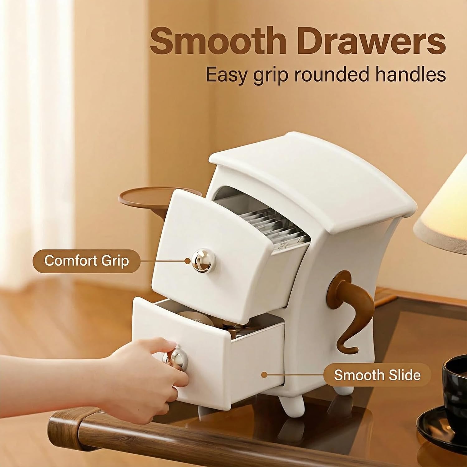 Cute Whimsical Desktop Organizer with 2 Drawers, Small Storage Box, Aesthetic Room Decor, Thick Smooth Plastic, 4.7×4.7×8.7 Inch, for Jewelry, Stationery, Accessories, Unique Gift for Women & Girls