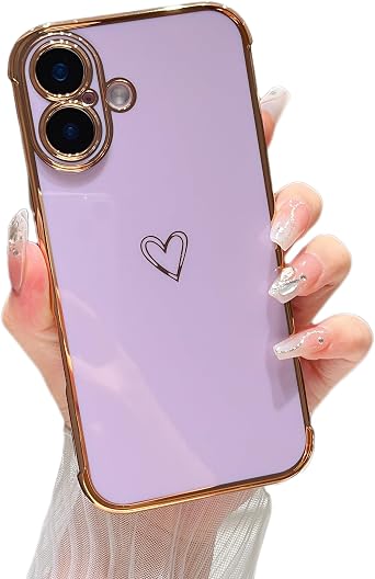 ZTOFERA Designed for iPhone 16 Case 6.1 inch,Cute Plating Edge Love Hearts Pattern with Camera Lens Protection Phone Cover for Girls Women,Purple
