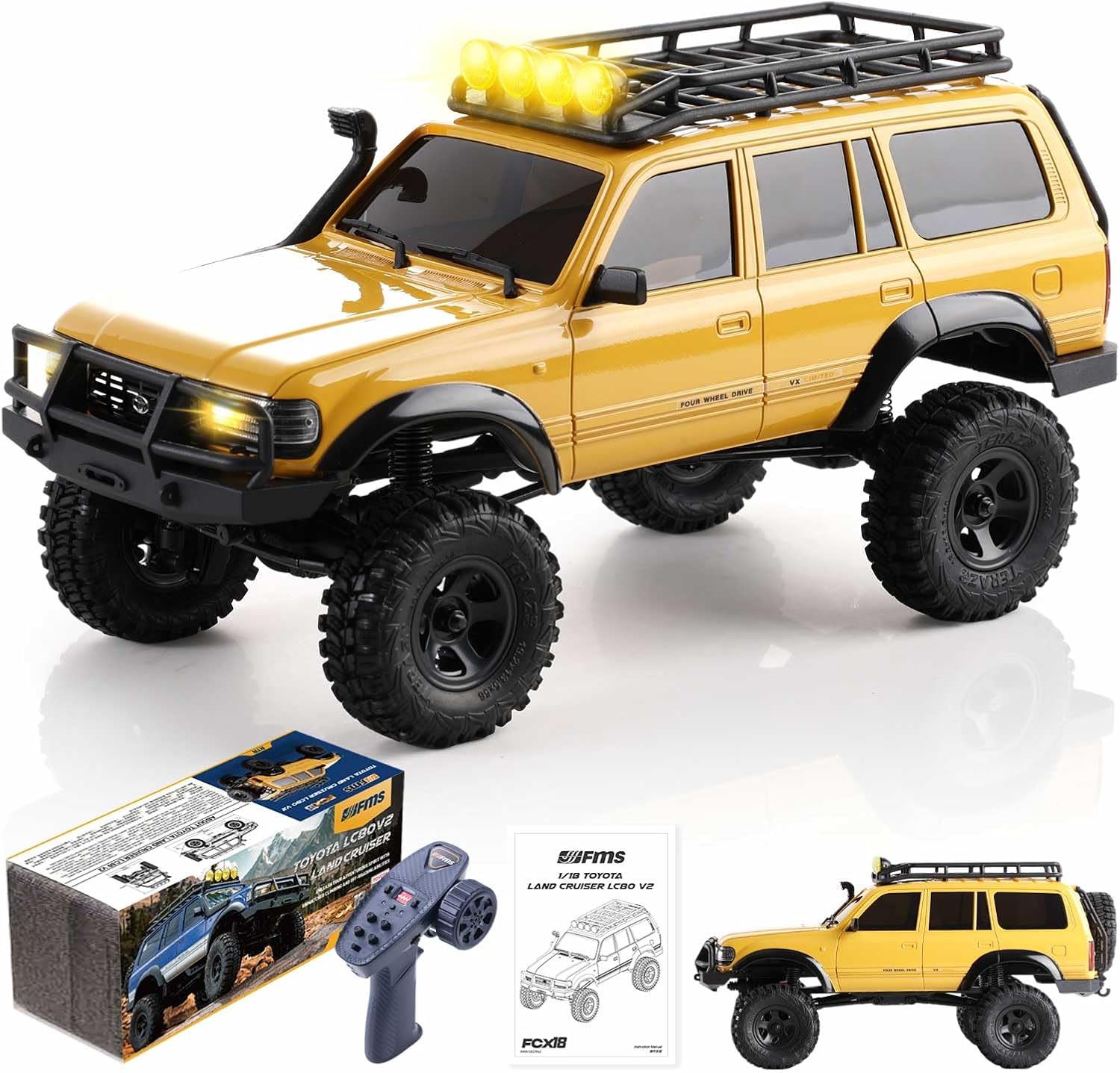 EAZYRC FMS Fcx18 1/18 Land Cruiser 80 Toyota RC Rock Crawler RTR 4x4 Off-Road Waterproof Hobby Grade RC Trucks All Terrains for Adults and Beginner(Yellow)