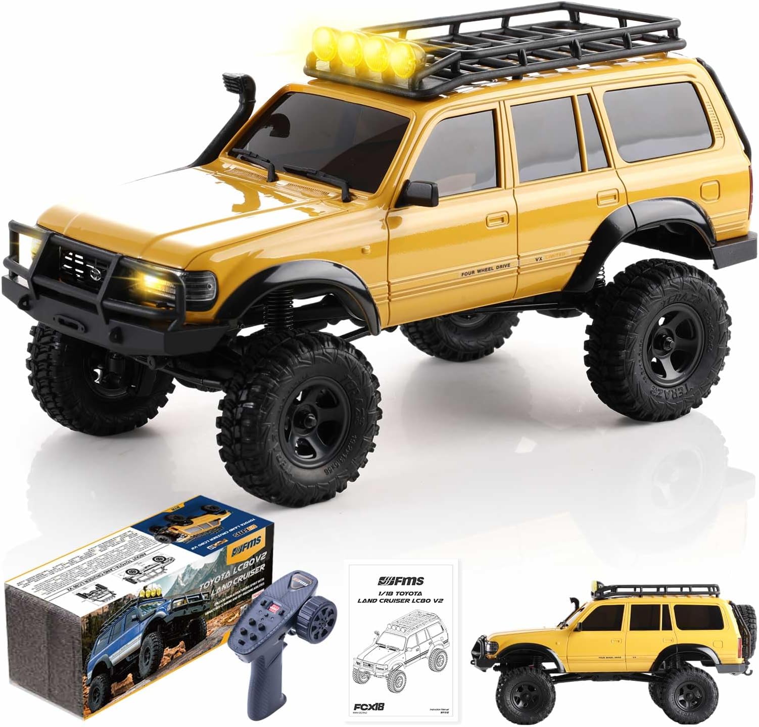 EAZYRC FMS Fcx18 1/18 Land Cruiser 80 Toyota RC Rock Crawler RTR 4x4 Off-Road Waterproof Hobby Grade RC Trucks All Terrains for Adults and Beginner(Yellow)