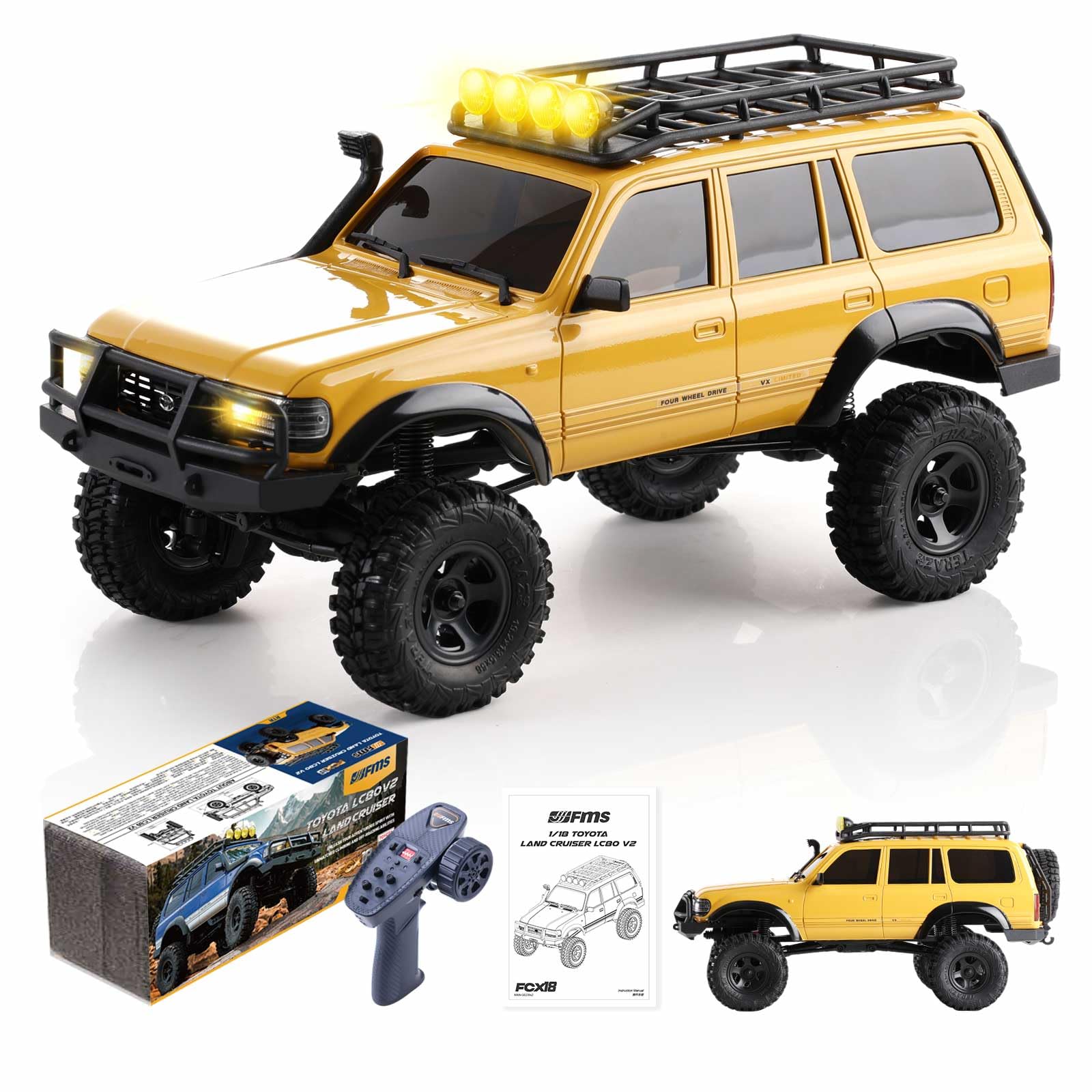 EAZYRC FMS Fcx18 1/18 Land Cruiser 80 Toyota RC Rock Crawler RTR 4x4 Off-Road Waterproof Hobby Grade RC Trucks All Terrains for Adults and Beginner(Yellow)