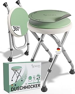 Senvita® Duschhocker Klappbar, 360° Drehbar & 160kg Belastbar | Duschstuhl für Senioren | Höhenverstellbare, rutschfeste Duschhilfe mit Sitzkissen | Badhocker & Badewannensitz