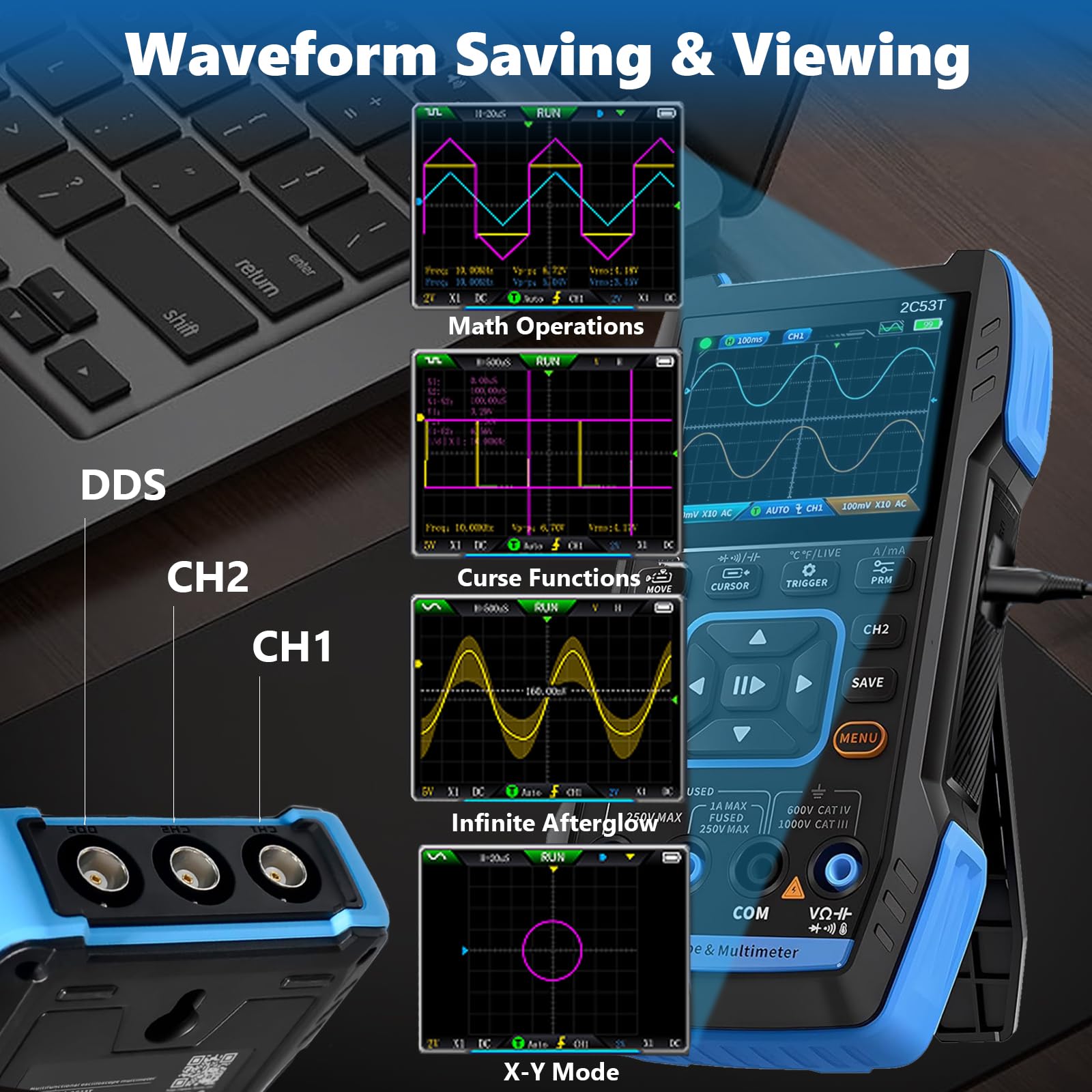 3-IN-1 2C53T Aufgerüstetes Handheld Oscilloscope Multimeter mit 2 Kanälen, 50MHz Bandbreite & 250MS/s Abtastrate, TRMS 19999 Counts Signalgenerator, 13 Wellenformen für Automotive/AC/DC Spannungstest