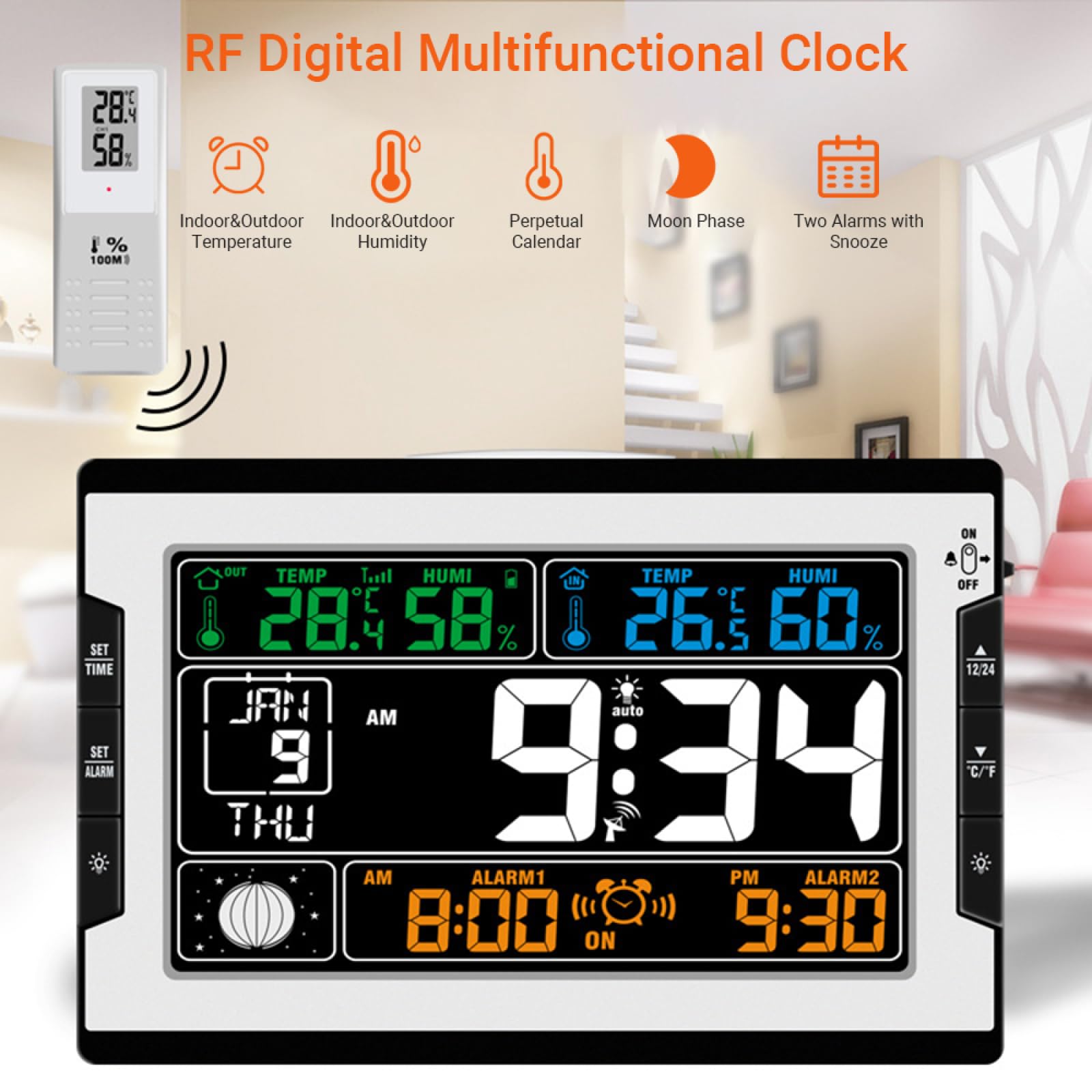 Orologio Digitale per Temperatura Interna ed Esterna, umidità, termoigrometro, igrometro, Ampio Display a Colori, retroilluminazione, Calendario perpetuo, Fase lunare, Allarme
