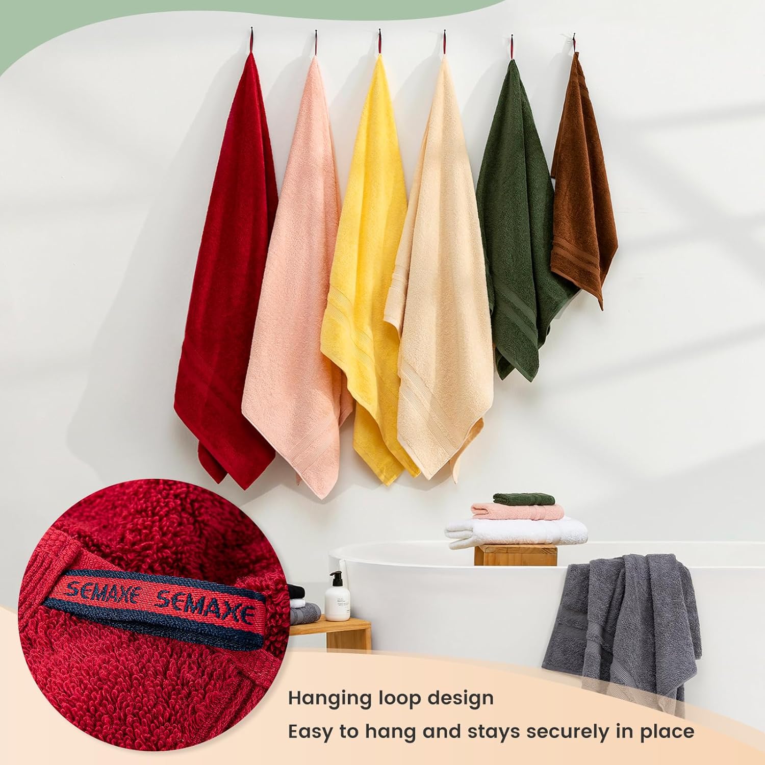 SEMAXE Solid 6-Piece Towel Set, Christmas Red, 600GSM 100% Cotton, 2 Each of Bath Towel, Hand Towel, and Washcloths, Gift Box Packaging, Hanging Loop Design